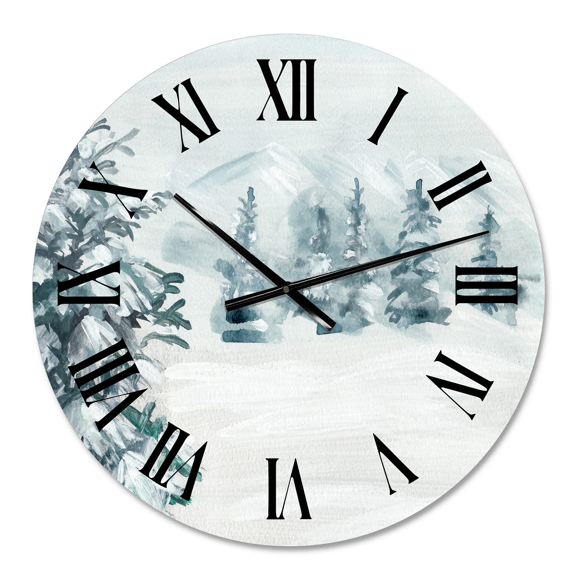 DesignQ Traditional Wall Clock 'Snowy Pine Trees' - Large Landscape Nature Wall Clock for Home, Office & Living Room Decor - Perfect for Farmhouse, Rustic & Modern Interiors