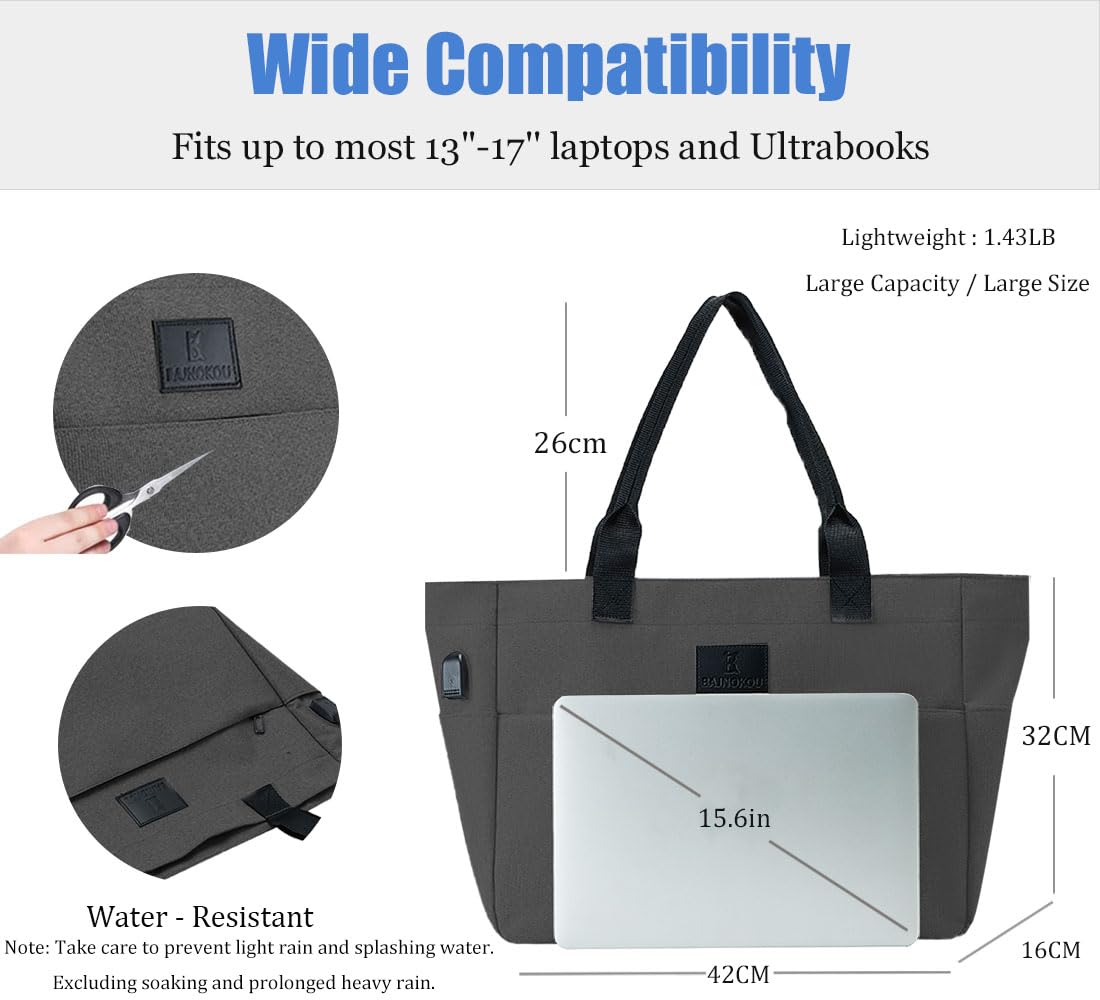 Stylish Large Tote Bag for Women - 15.6-17 Inch Laptop Work Bag with Zipper - Perfect for Nurses, Teachers & Students (Black/Grey) - Great for Work, School & Everyday Use