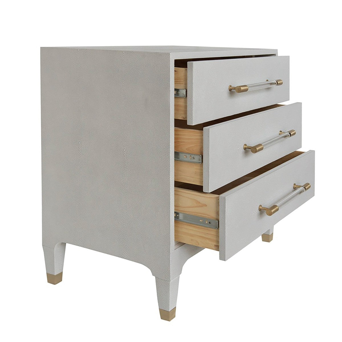 Light Grey Shagreen Three-Drawer Side Table with Antique Brass & Acrylic Hardware - Stylish Nightstand for Bedroom or Living Room Accent Table
