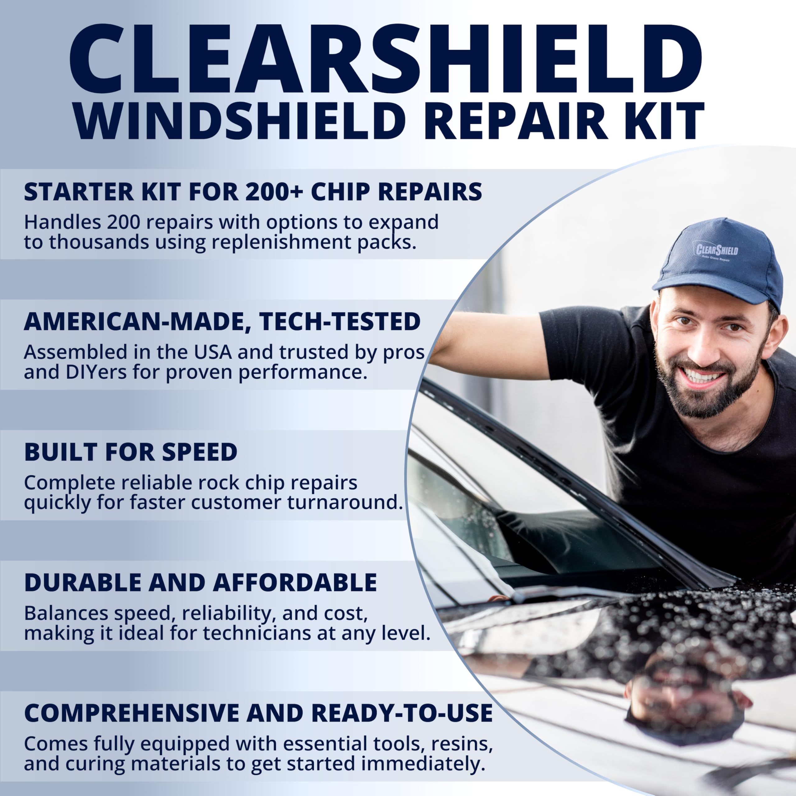 Clearshield Windshield Repair Kit - Professional Auto Glass Repair for Rock Chips & Cracks - Fixes 200+ Damages | Perfect for DIY Car Windshield Repairs at Home or On-the-Go