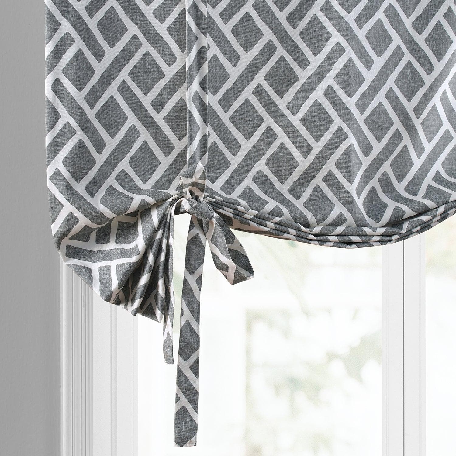 Martinique Grey Geometric Printed Cotton Blackout Window Shade - Stylish Room Darkening Tie-Up Curtain for Bedroom, Living Room & Office