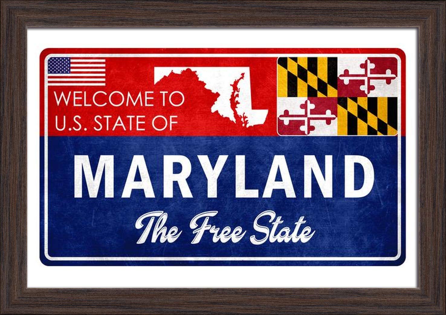 Maryland Grunge Sign - 18x12 Giclee Art Print with Espresso Wood Gallery Frame - Vintage Wall Decor for Home, Office & Cafe