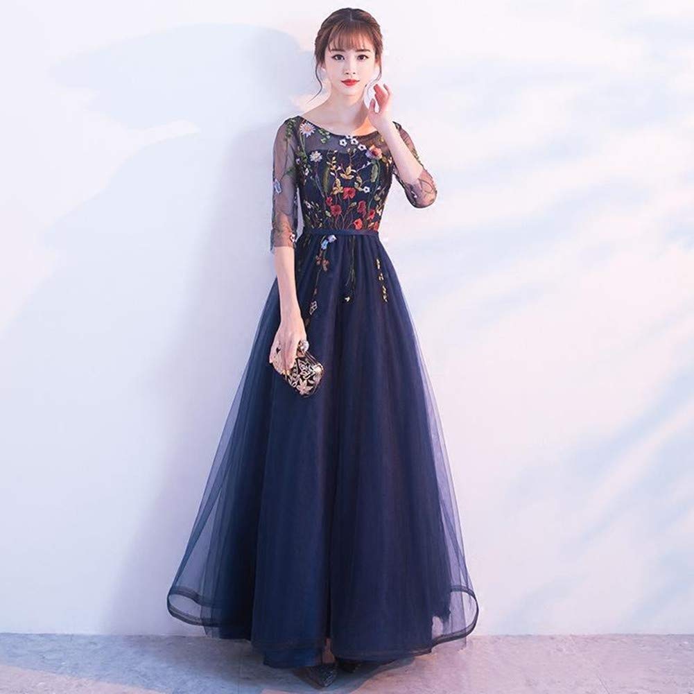 HoneyDress Women's Embroidered Long Sleeve Maxi Dress - Navy Blue Floral Boho Dress for Women, Size 3 & 4 | Perfect for Beach Vacation, Summer Weddings & Boho Chic Outfits