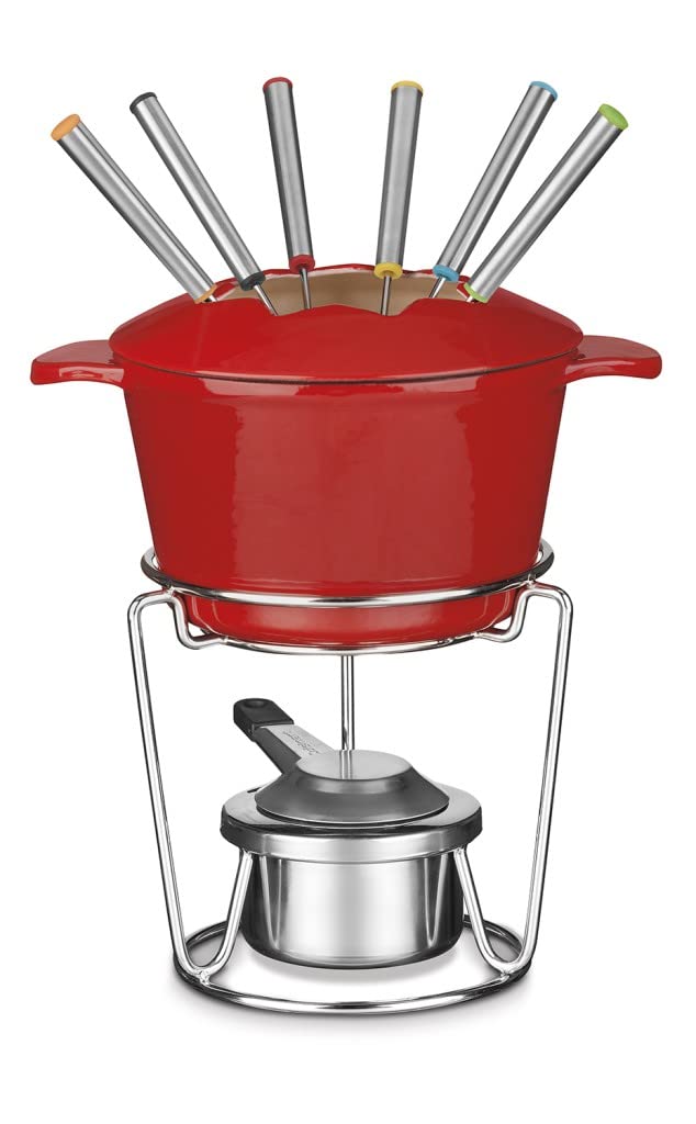 Cuisinart 3 Quart Stainless Steel Fondue Pot Set for Chocolate, Cheese, Broth & Oil - 13-Piece Cast Iron Fondue Set (CFO-3SSP1, Red) - Perfect for Parties, Family Gatherings & Romantic Dinners