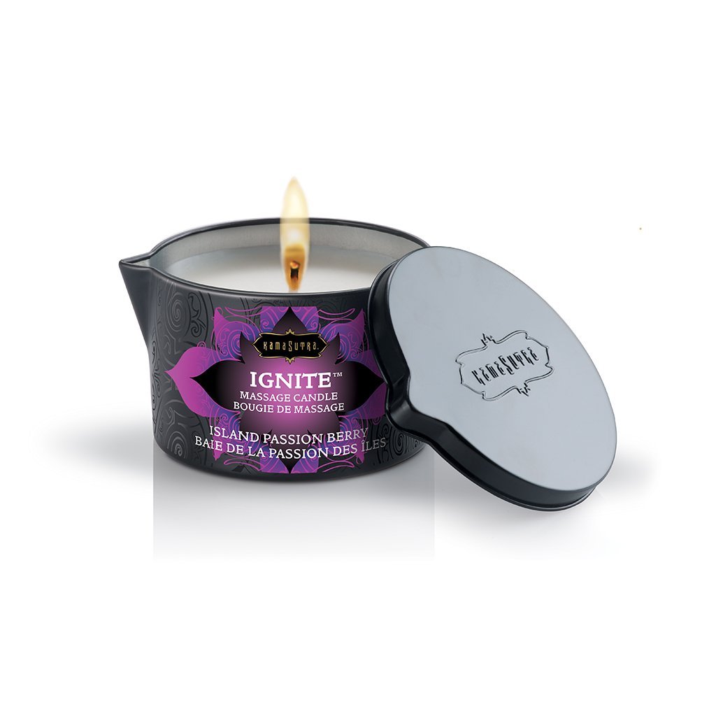 KAMA SUTRA Ignite Massage Candle - 6oz Coconut & Soy Wax Candle Melts into Warm Massage Oil - Island Passion Berry Scented - Romantic Couples Massage Gift with Pour Spout - Perfect for Date Nights & Relaxation
