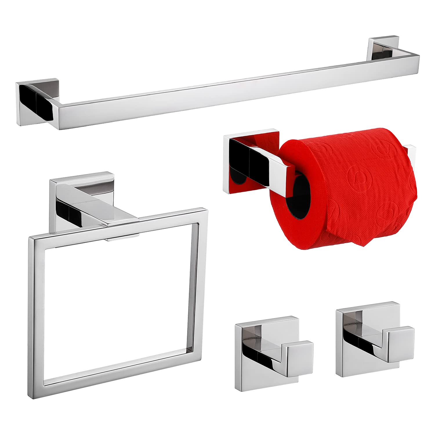 5-Piece Stainless Steel Bathroom Hardware Set - 304 Thickened Square Towel Rack, Chrome Polished Hand Towel Holder & 2 Robe Hooks for Modern Bathroom Decor - Perfect for Home, Hotel & Spa Use