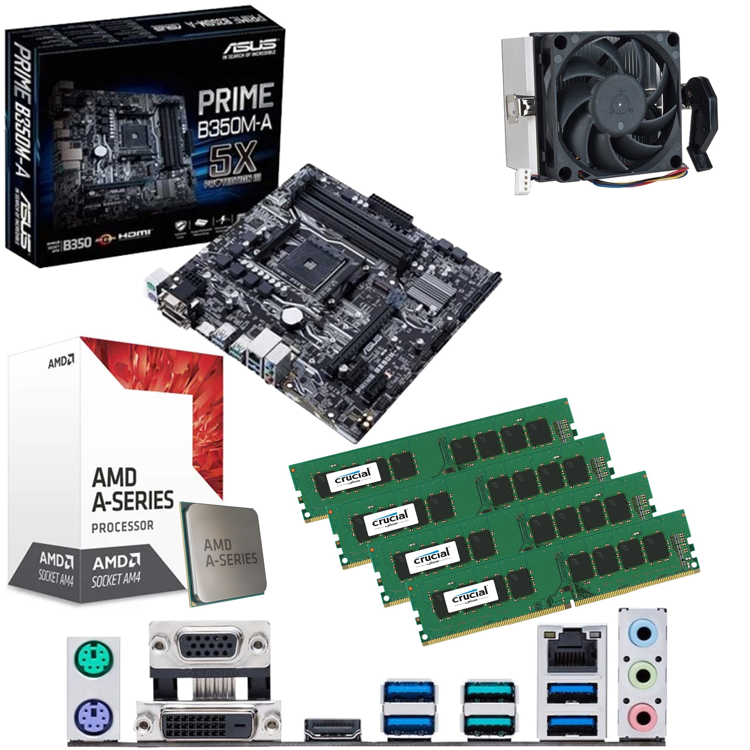 AMD Quad Core A8 9600 3.1GHz Processor with Radeon R7 Graphics, ASUS Prime B350M-A Motherboard & 32GB Crucial DDR4 RAM 2133MHz - Complete Pre-Built PC Bundle for Gaming, Streaming & Productivity