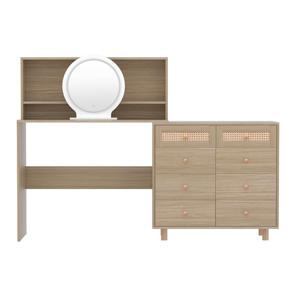 Modern Vanity Dressing Table Set with LED Mirror & Stool - Pine Wood Makeup Vanity for Bedroom, Bathroom, or Dressing Room - Perfect for Makeup Application, Skincare Routine, and Hair Styling