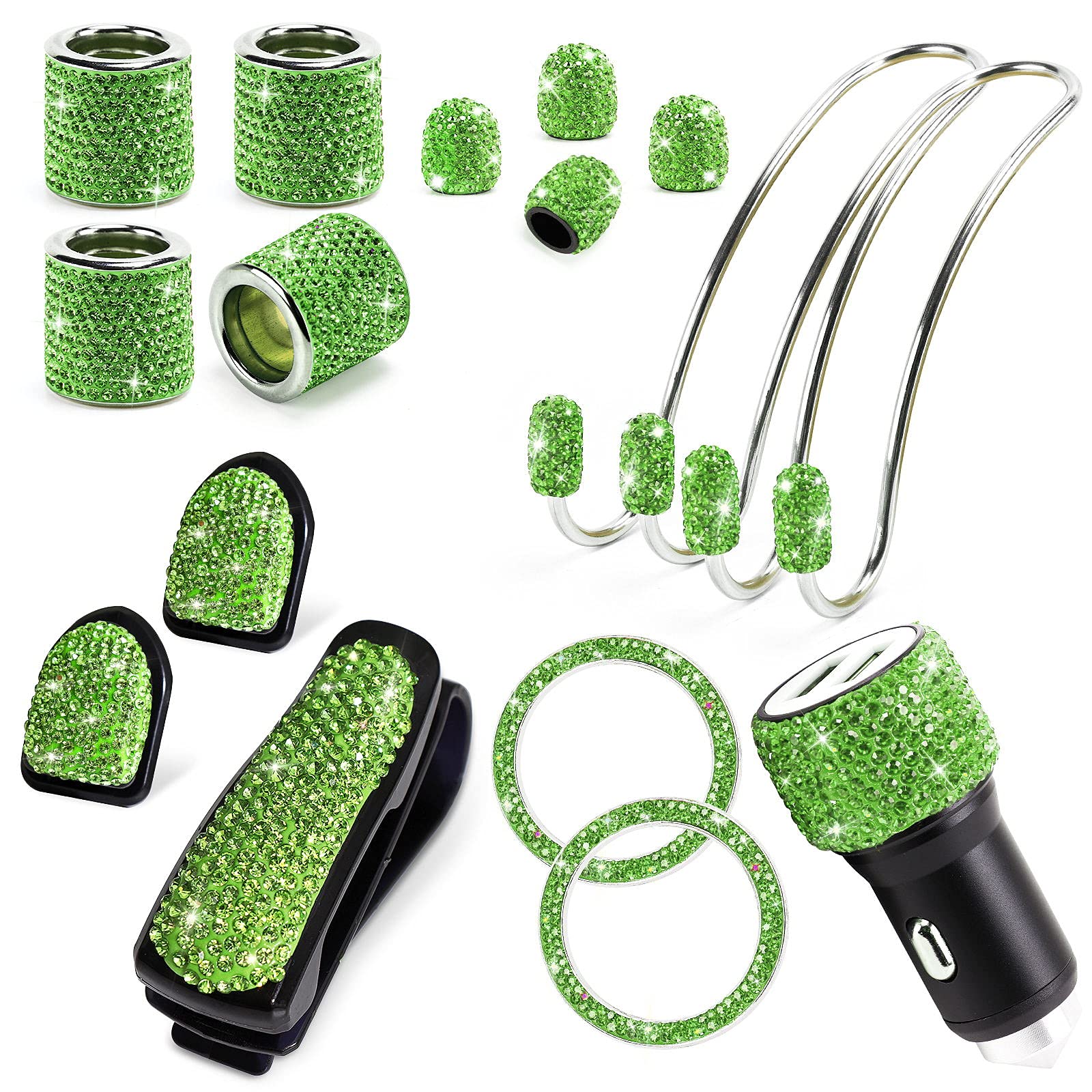 15-Piece Green Rhinestone Car Accessories Set for Women - Crystal Bling Headrest Rings, Charger, Hooks, Tire Caps & Coasters - Stylish Car Interior Decor for Parties, Gifts & Everyday Glam