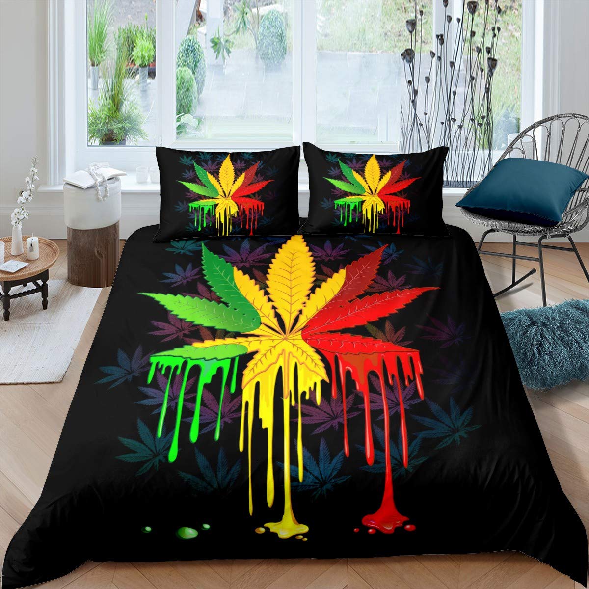 Trippy Cannabis Leaves Duvet Cover Set - Marijuana Weed Botanical Full Size Bedding (1 Quilt Cover + 2 Pillowcases) for Hippie, Stoner & Boho Bedroom Decor