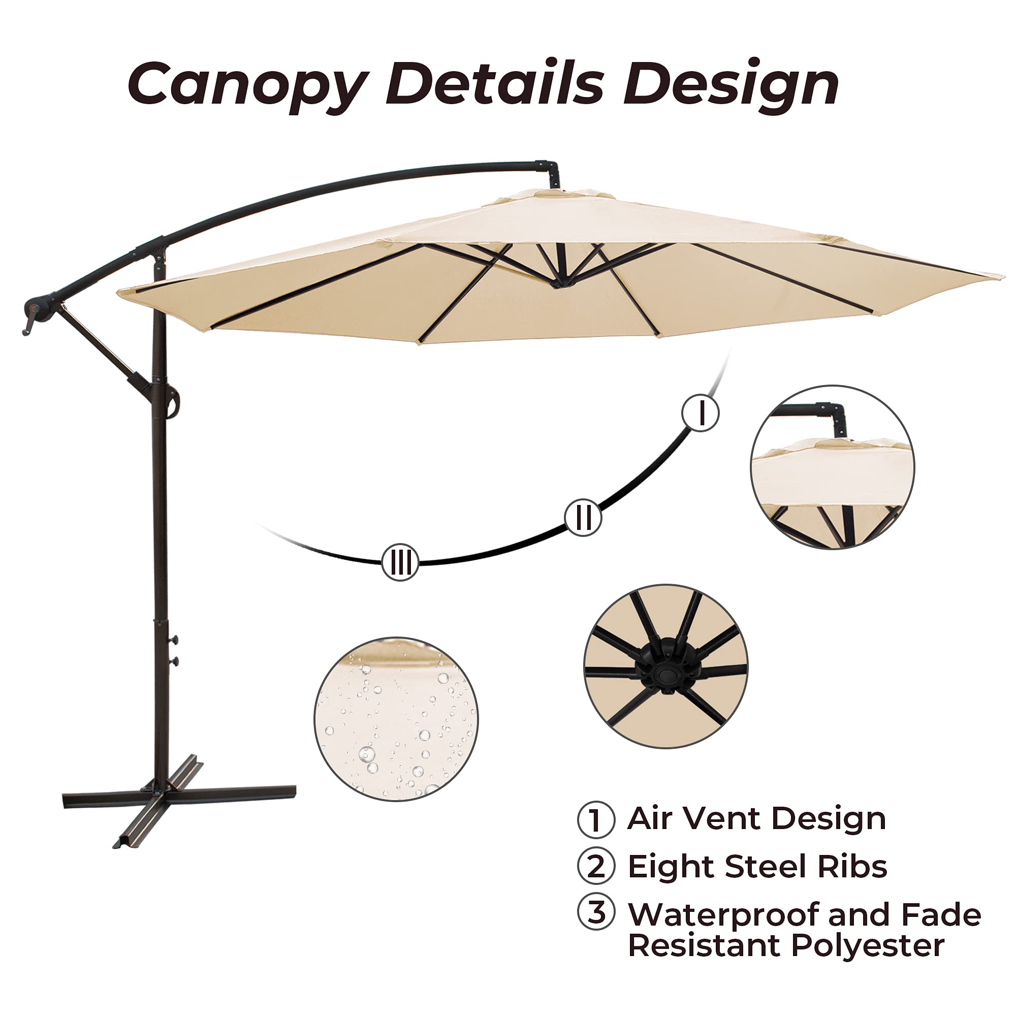 10FT Offset Cantilever Patio Umbrella with Crank & Cross Base - Beige Outdoor Hanging Market Umbrella for Backyard, Poolside, Lawn, Garden, and Patio Furniture Shade