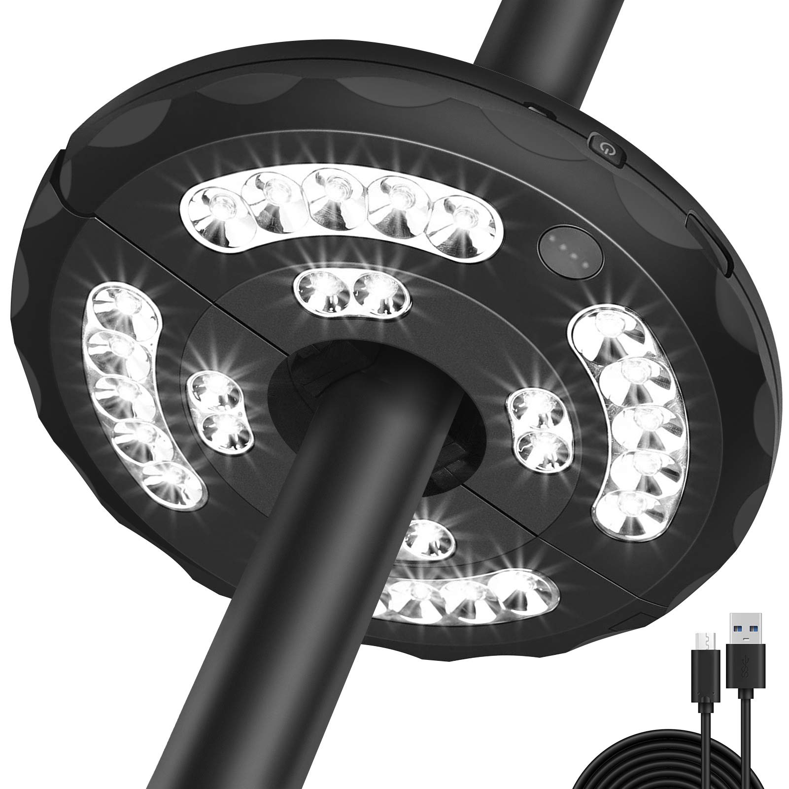 28 LED Umbrella Light with 3 Brightness Modes (220LM) - Rechargeable Lithium Battery Powered Cordless Patio Light for Outdoor, Camping, Tent, Garden & Backyard Use