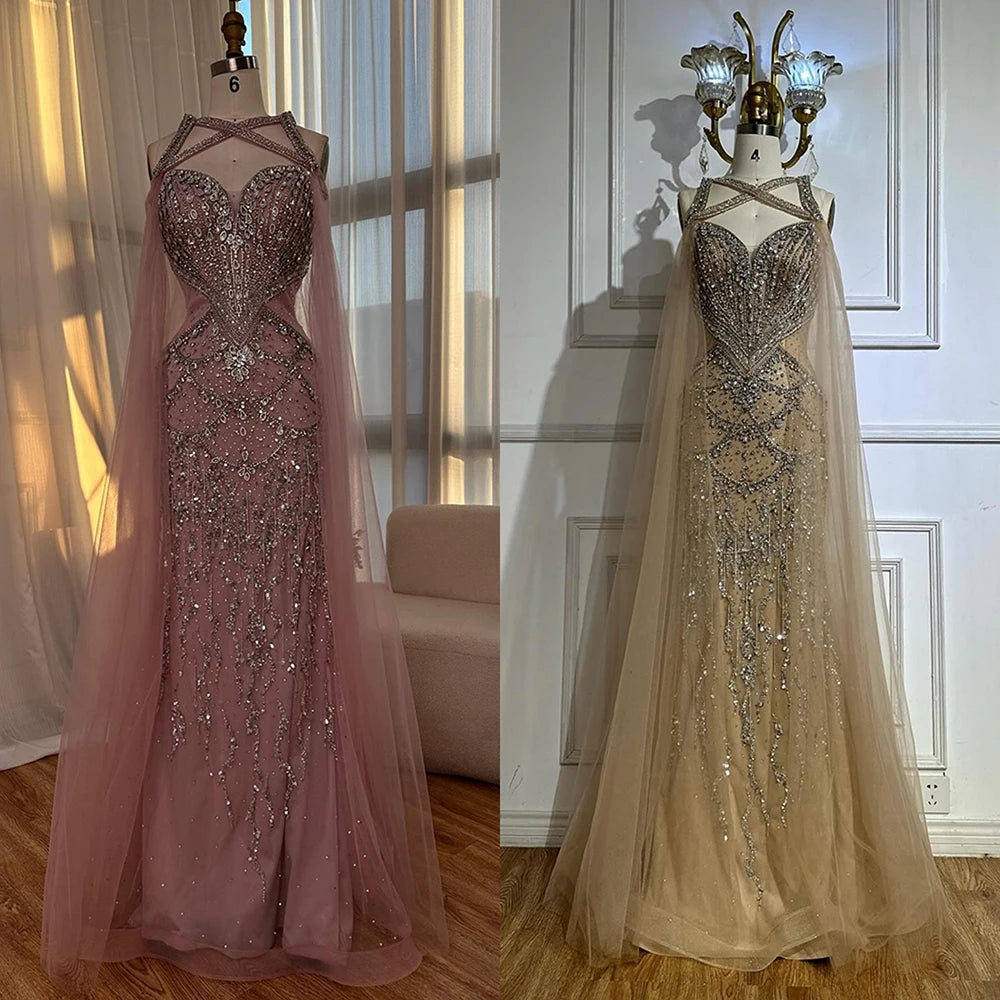 Luxury Dubai Nude Cape Sleeves Beaded Crystal Arabic Evening Dresses Gowns For Women Wedding Party LA72806 - Elegant Formal Gown for Bridal Shower, Red Carpet Events & Special Occasions