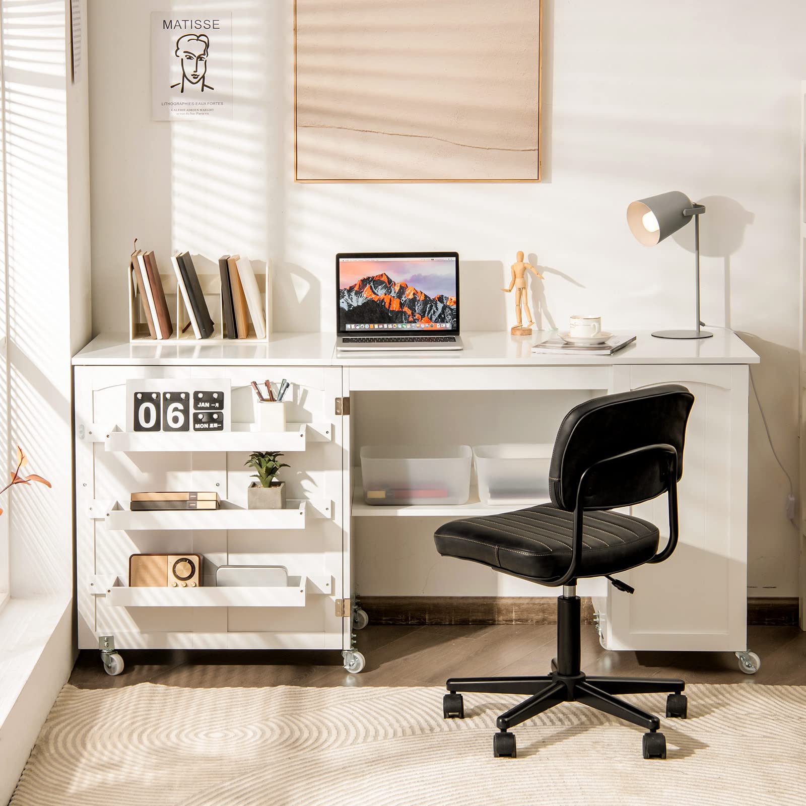 Giantex Folding Sewing Craft Table with 3 Storage Bins & Side Cabinet - Adjustable Rolling Sewing Machine Desk with Lockable Wheels & Interior Shelf - Perfect for Small Spaces, Apartments & Craft Rooms - White