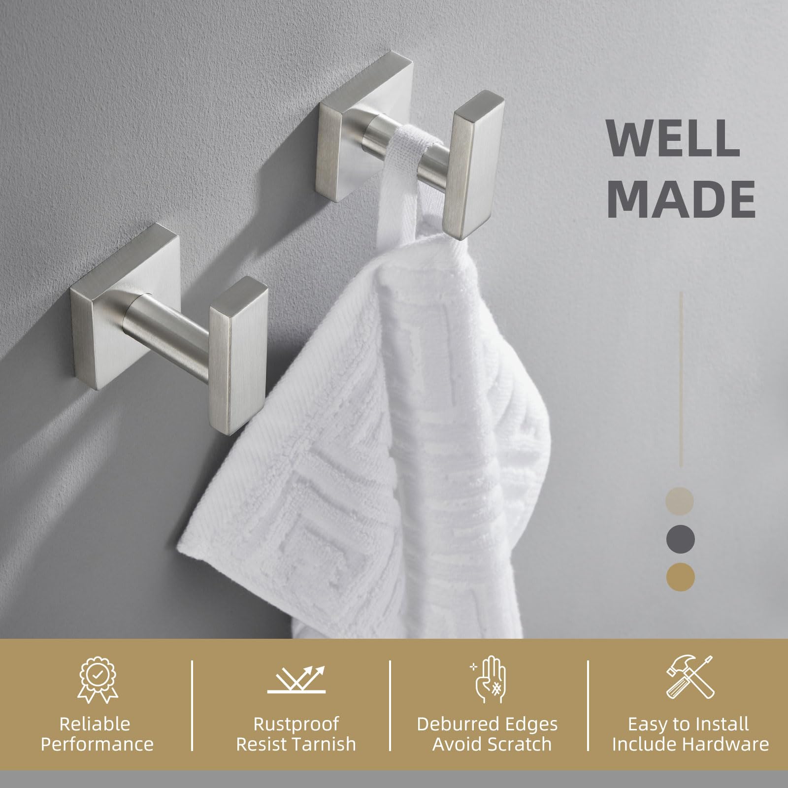 2 Pack Stainless Steel Bathroom Towel Hook - SUS304 Brushed Nickel Wall Mounted Robe & Coat Holder - Perfect for Bathroom, Bedroom, and Entryway Organization
