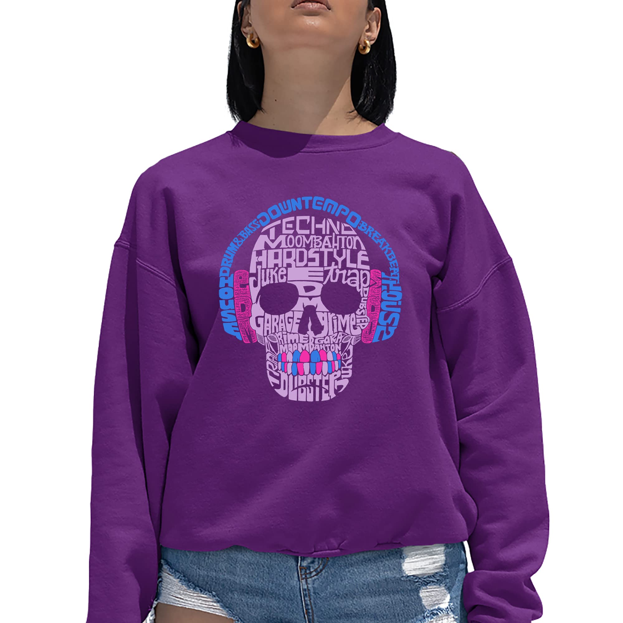 LA POP ART Women's Word Art Crewneck Sweatshirt - Trendy Graphic Pullover for Casual Wear, Street Style & Music Festivals