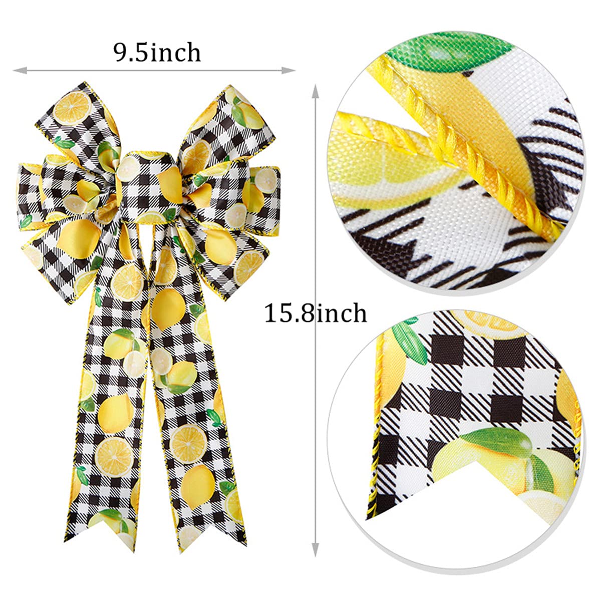 Lemon Bow Summer Wreath - Rustic Buffalo Plaid Wreath Bow in Black & White - Perfect for Front Door Decor, Wedding Decorations & Holiday Bows - Seasonal Summer & Christmas Home Decor