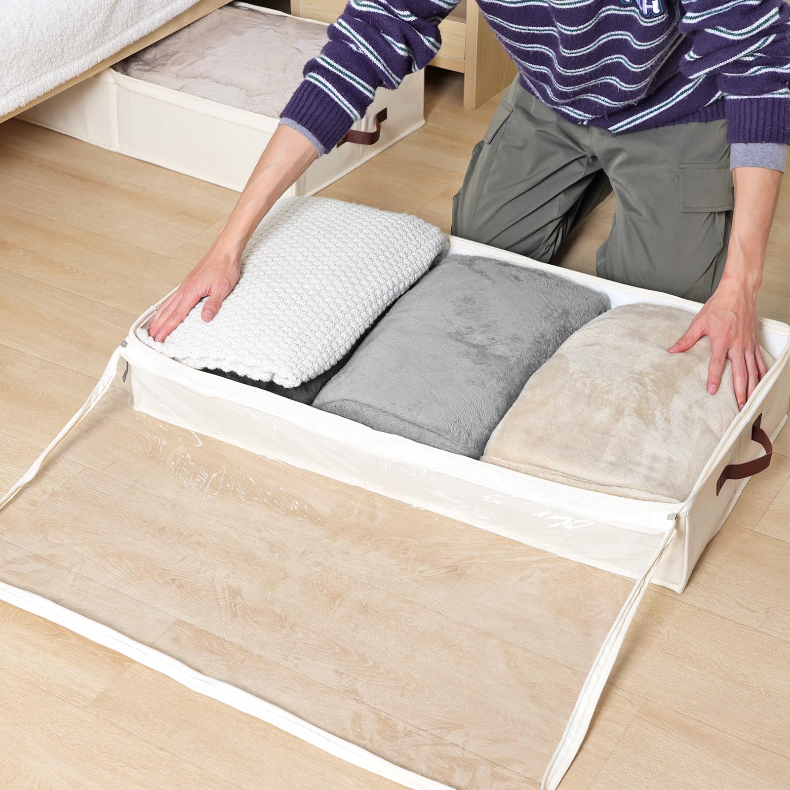 Fixwal Under-Bed Storage Box 3 Pack - 52L Blanket & Clothes Organizer with Sturdy Structure & Ultra Thick Fabric - Space Saving Bedroom Storage Solution (Ivory White) - Perfect for Seasonal Clothing, Bedding, and Home Organization
