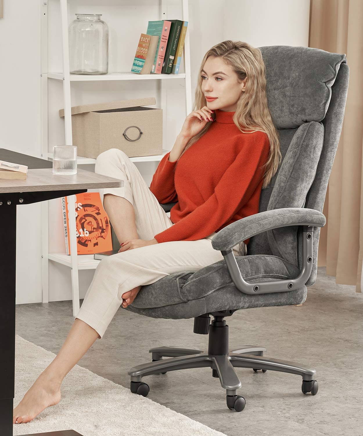 CLATINA Ergonomic Big and Tall Executive Office Chair - 400lbs Weight Capacity, Adjustable Height, Thick Padding, Headrest & Armrest - Grey Upholstered Swivel Chair for Home Office | Perfect for Long Work Hours & Comfortable Workspace