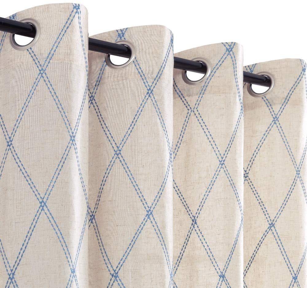 Premium Linen Curtains for Living Room & Bedroom - Blue Diamond Embroidered Geometric Pattern Window Drapes, Flax Grommet Curtain Panels (63