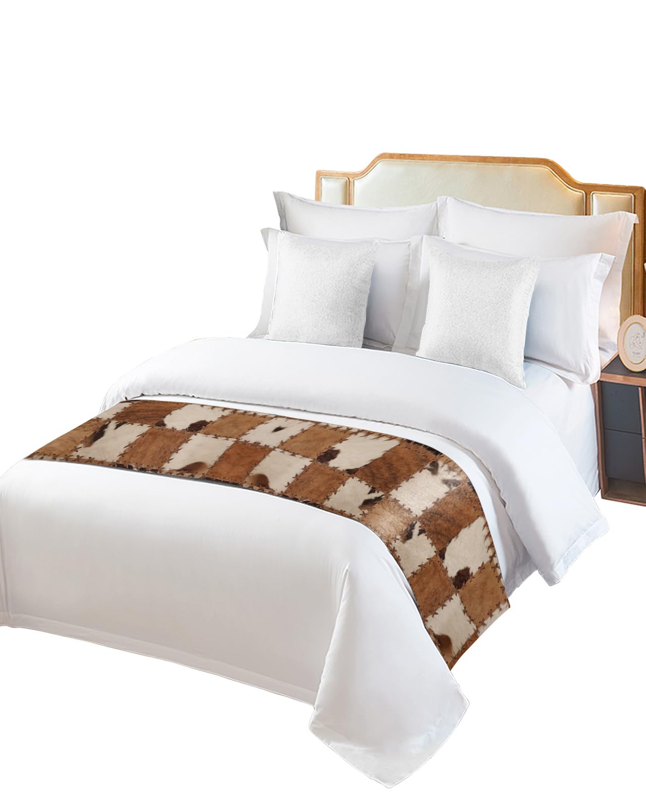 Vintage Leather Bed Runner Scarf - Full Queen Size Luxury Bed Throw for Twin, Full, Queen & King Beds - Farmhouse Brown Western Cowboy Plaid 83