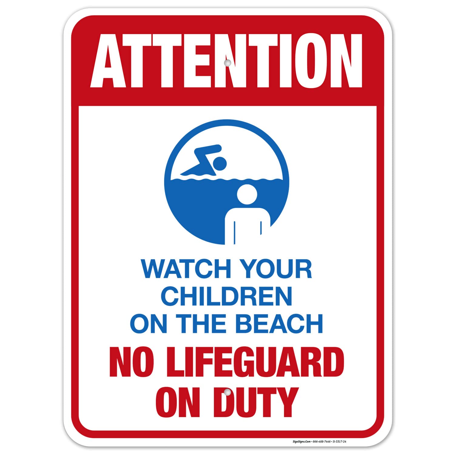 Vigilant Beach Safety Sign - 'Attention: Watch Your Children, No Lifeguard On Duty' - 18x24 Inch Rust-Free .063 Aluminum Sign - Fade Resistant for Indoor/Outdoor Use - Made in USA - Perfect for Coastal Areas, Pools & Public Safety Awareness