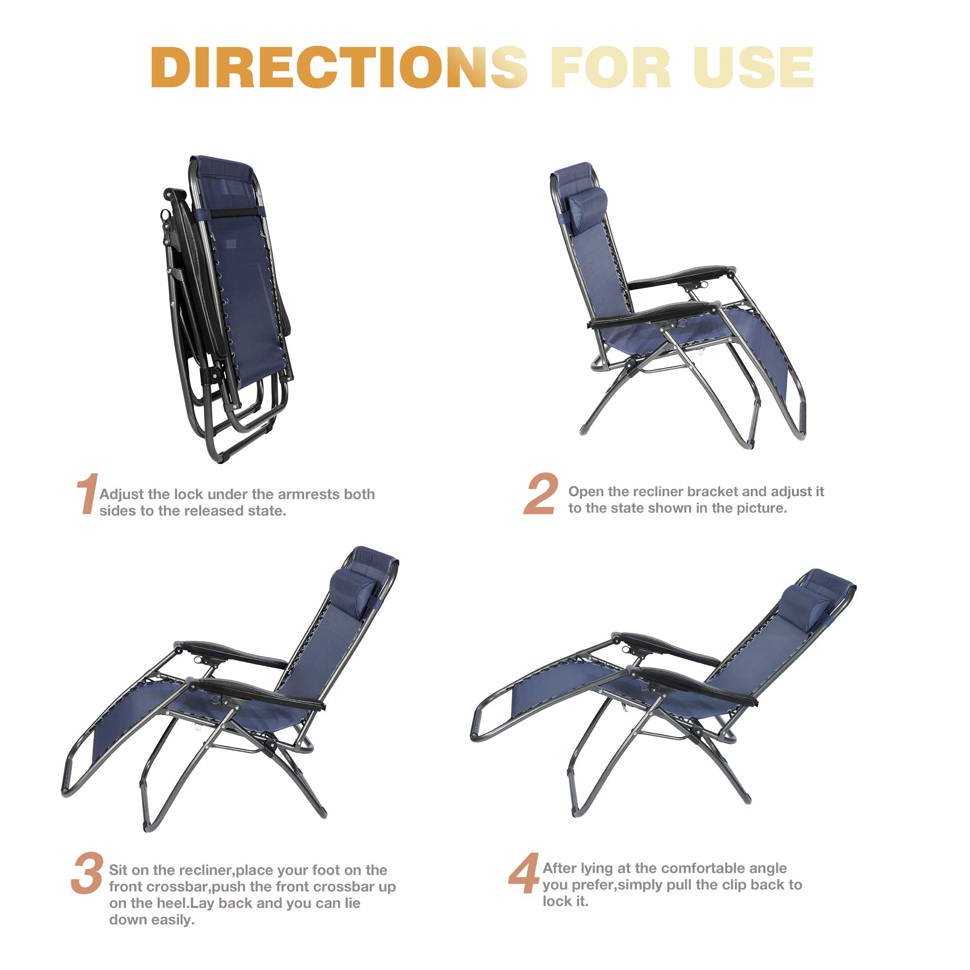 Zero Gravity Chairs Set of 2 - Adjustable Reclining Outdoor Lounge Patio Chairs for Garden, Beach, Poolside - Comfortable Gray & Blue - Perfect for Relaxing, Sunbathing, and Backyard Lounging