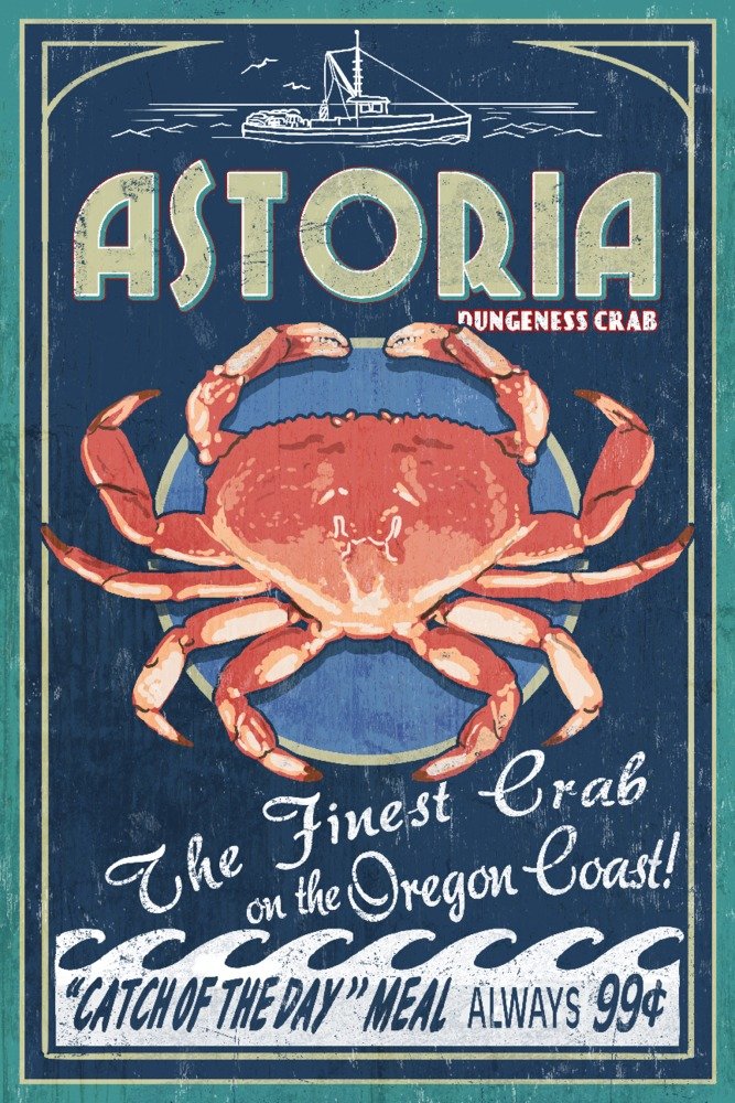 Vintage Astoria Oregon Dungeness Crab 24x36 Signed Art Print - Coastal Wall Decor for Kitchen, Restaurant & Seafood Lover's Home
