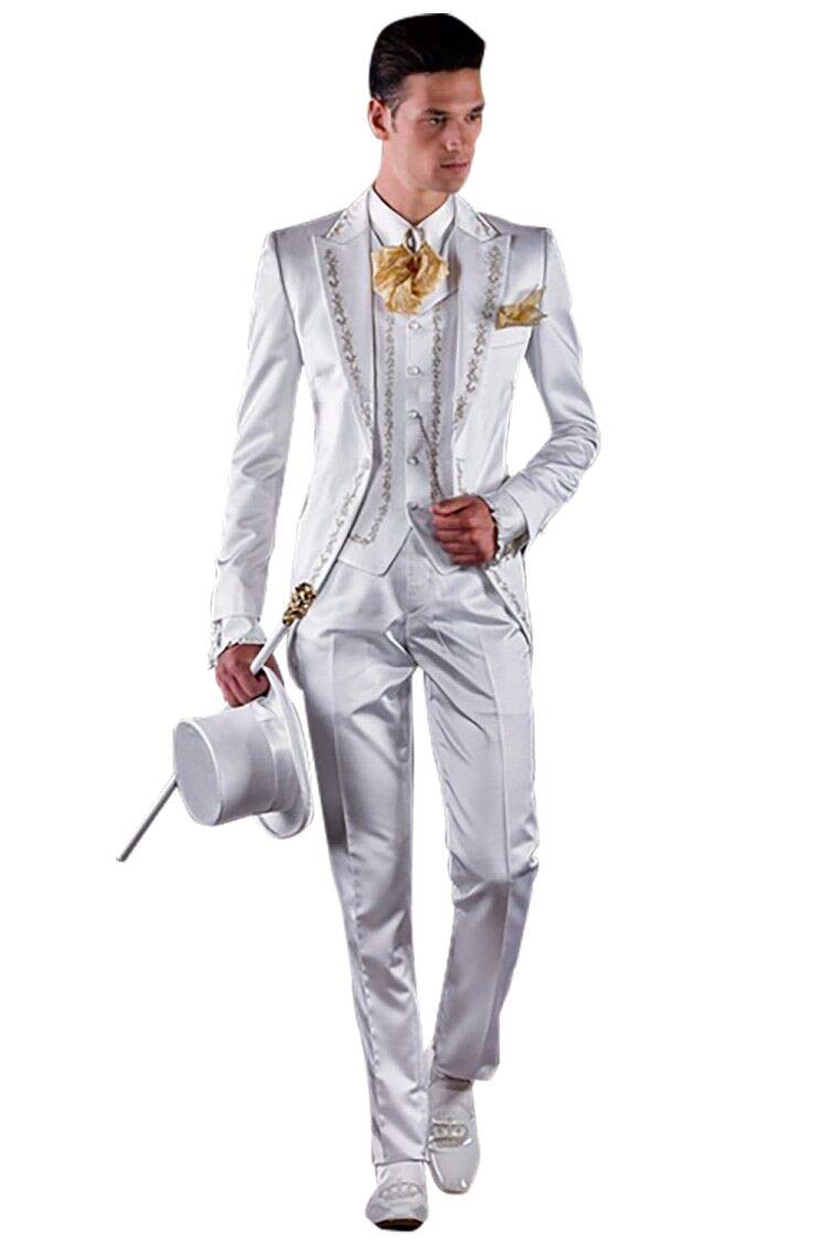 Men's White Wide Peak Lapel Embroidered Tuxedo Suit 3-Piece Set - Wedding, Prom, Formal Tailcoat Blazer for Grooms & Special Occasions