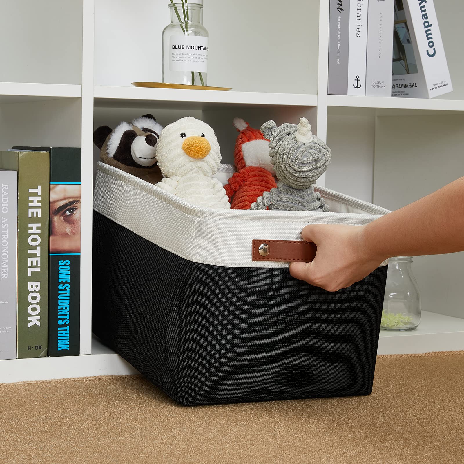 DULLEMELO Linen Closet Organizer & Storage Basket with Handles - White & Black for Shelves, Closet, Office, Bedroom | Perfect for Organizing Clothes, Toys, Gifts & Home Decor Storage Solutions