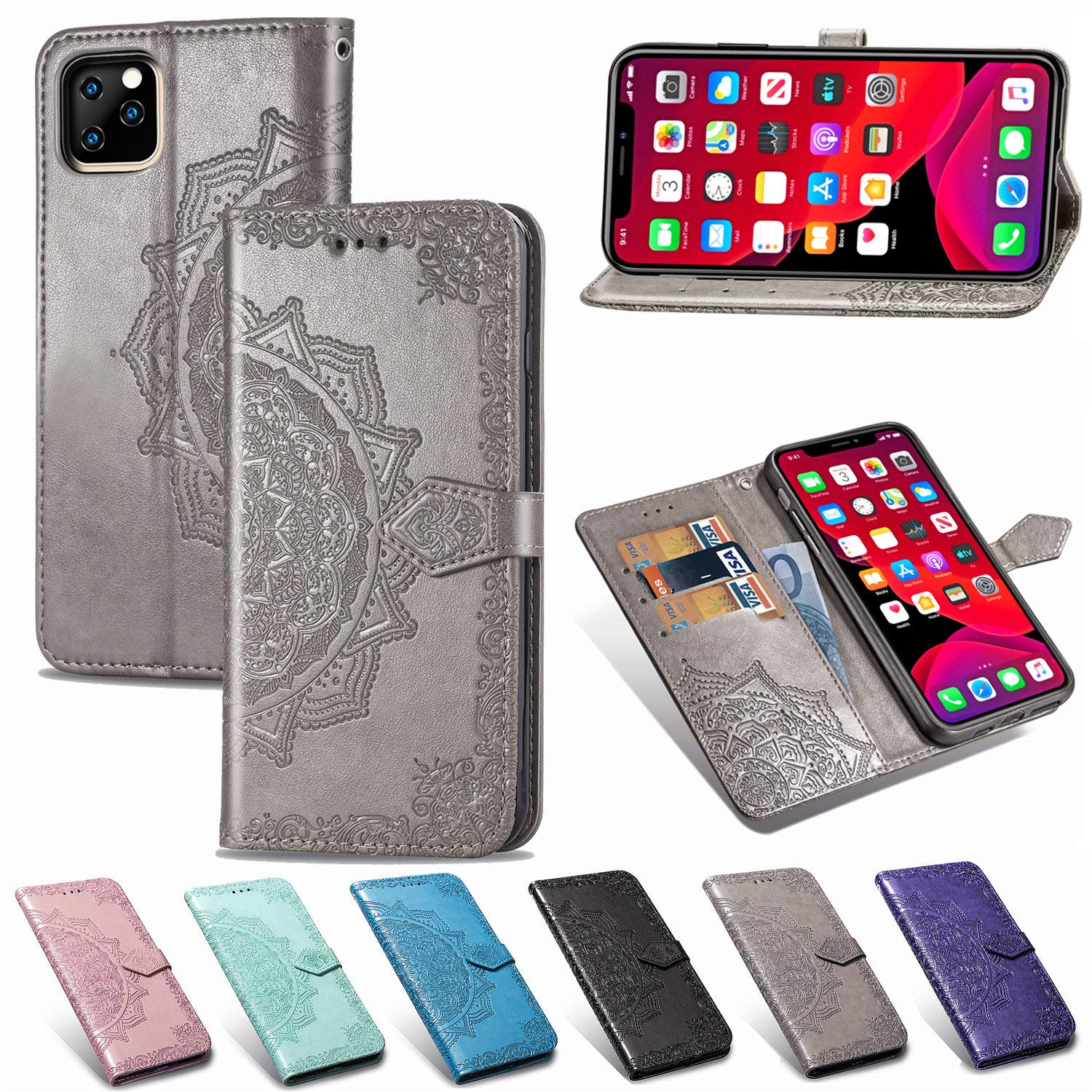 Premium PU Leather Wallet Case for iPhone 11 Pro 5.8 Inch - Flower Embossed Design with Card Slots, Magnetic Closure & Kickstand | Slim Protective Flip Cover (Blue) | Perfect for Everyday Use, Travel & Hands-Free Viewing