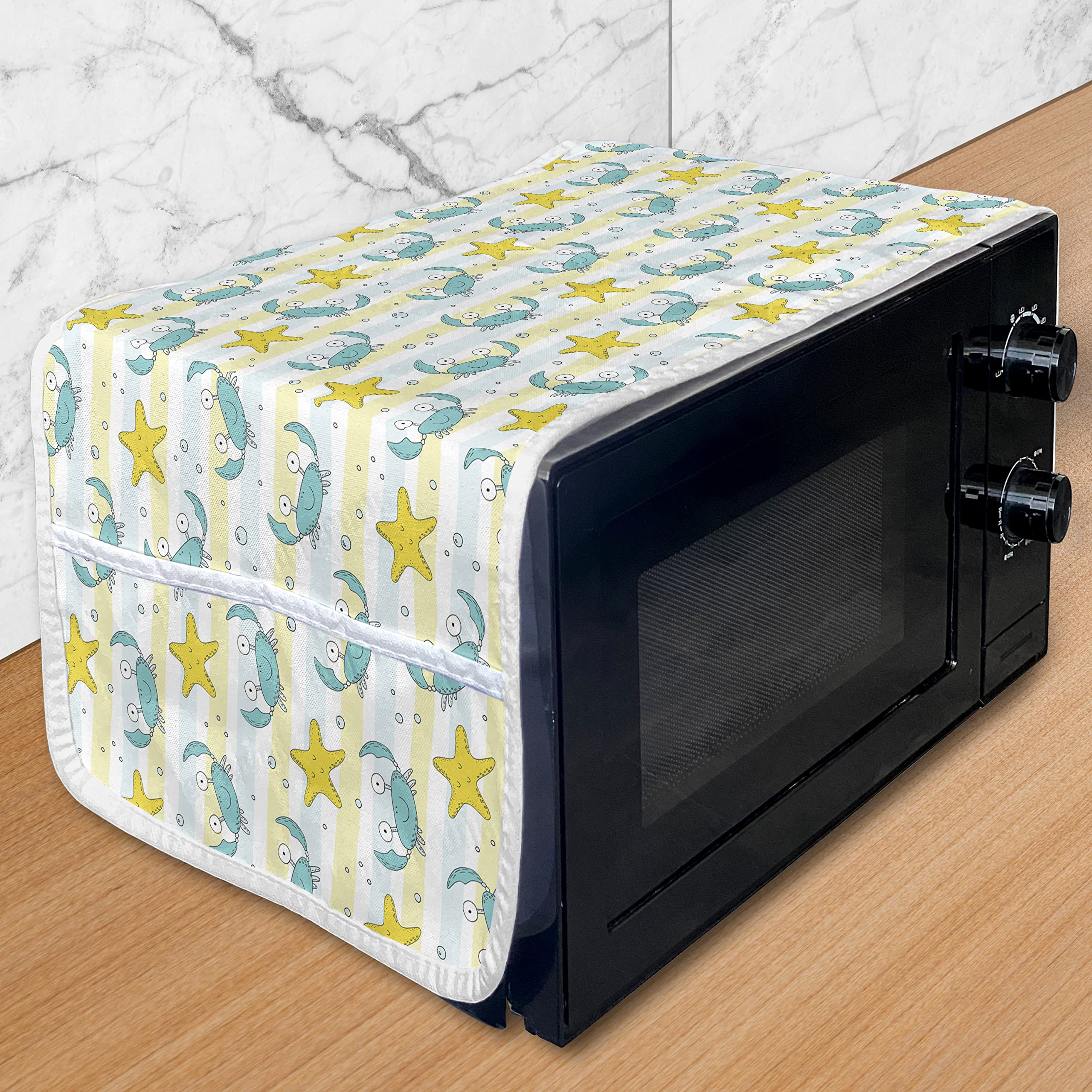 Ambesonne Waterproof Microwave Cover - Ocean Theme with Crabs, Starfish, Bubbles & Lines - 36
