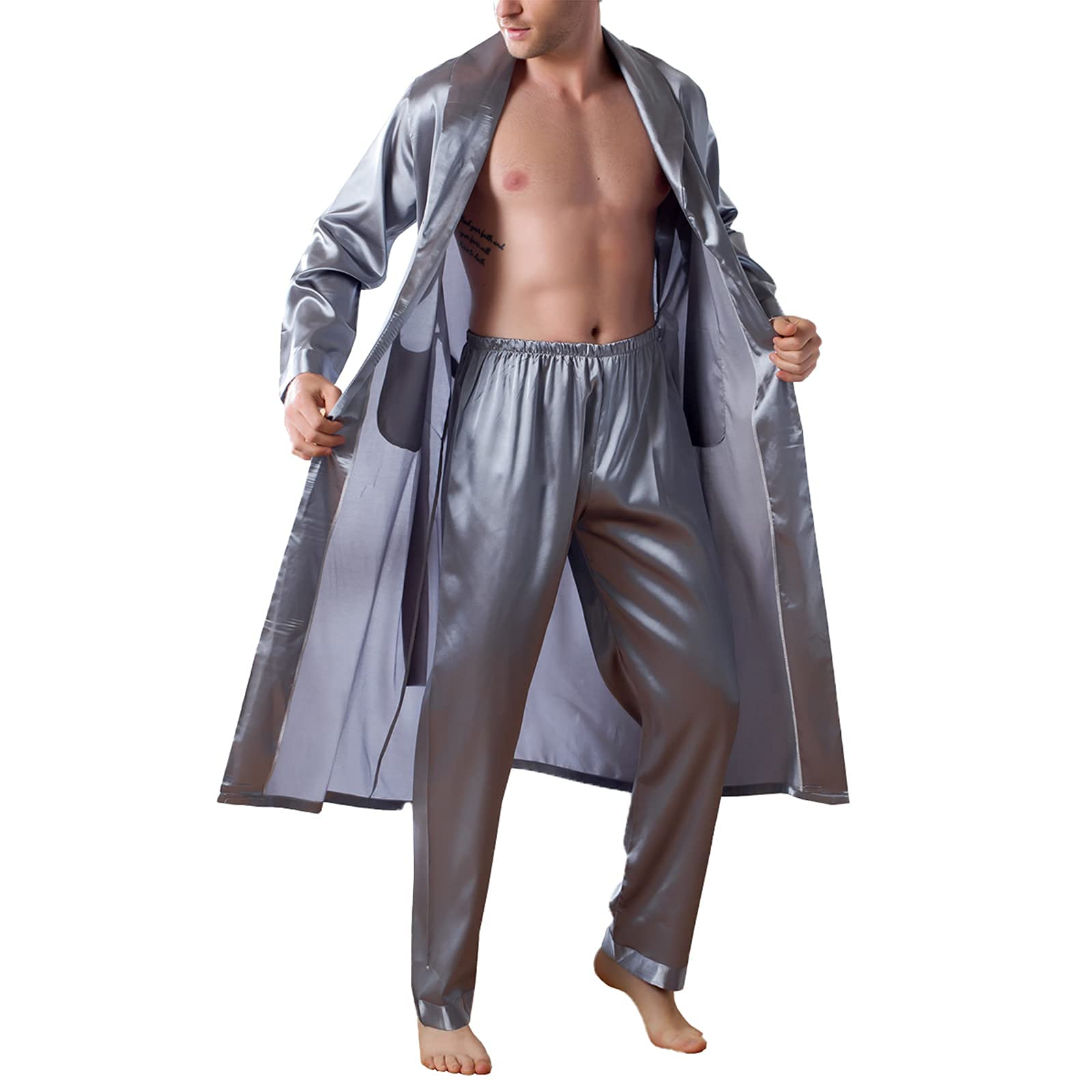 FMOGG Men's Silk Pajama Set - Soft Sleepwear Nightgown & Lounge Pants with Bathrobe - Comfortable Home Wear for Relaxing & Sleeping