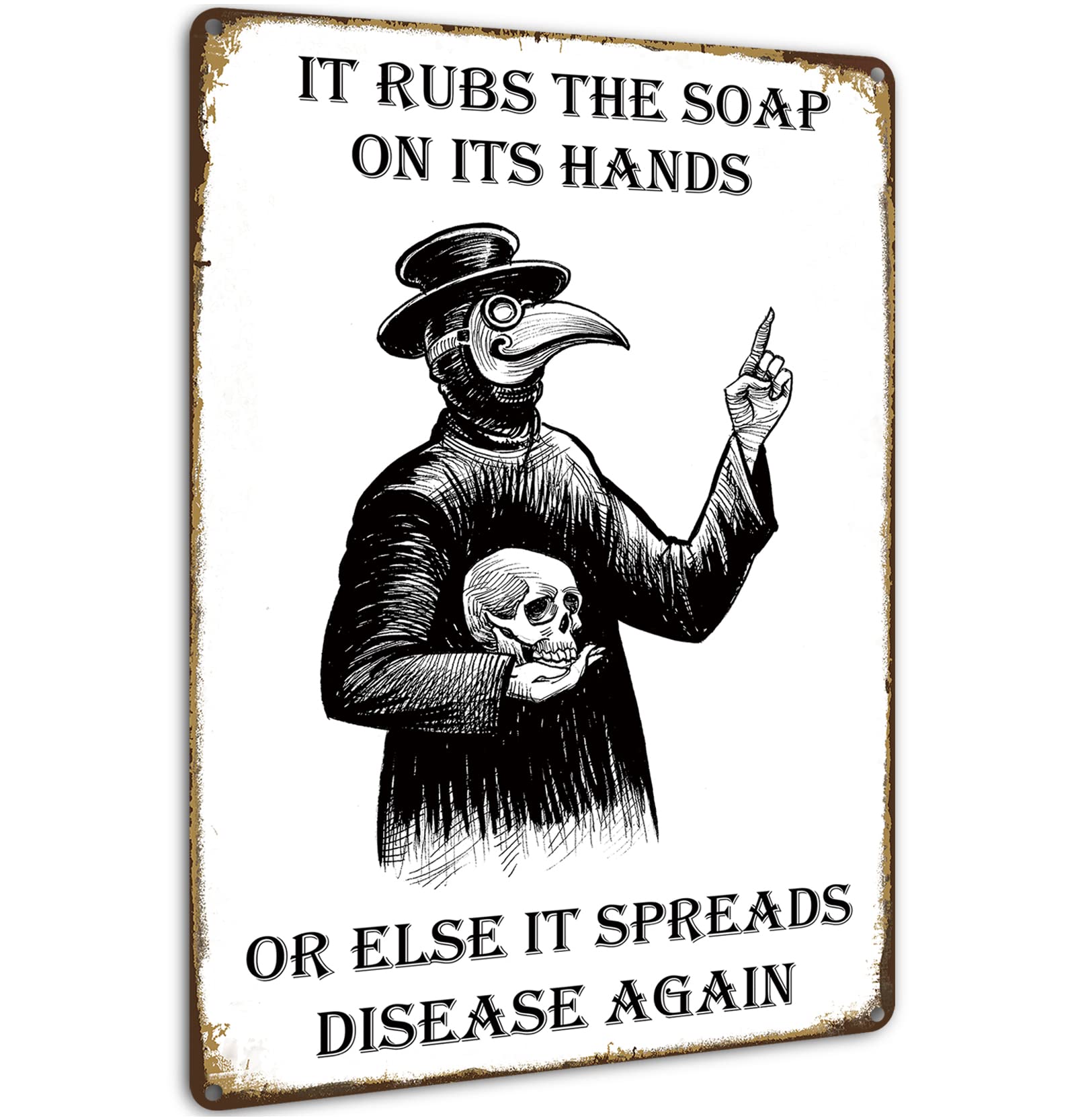 Vintage Plague Doctor Tin Sign - Gothic Wall Art Decor for Bathroom & Bedroom - 8x12 Inch Hand Washing Reminder - Perfect for Halloween, Gothic Home Decor, and Apothecary Themed Spaces