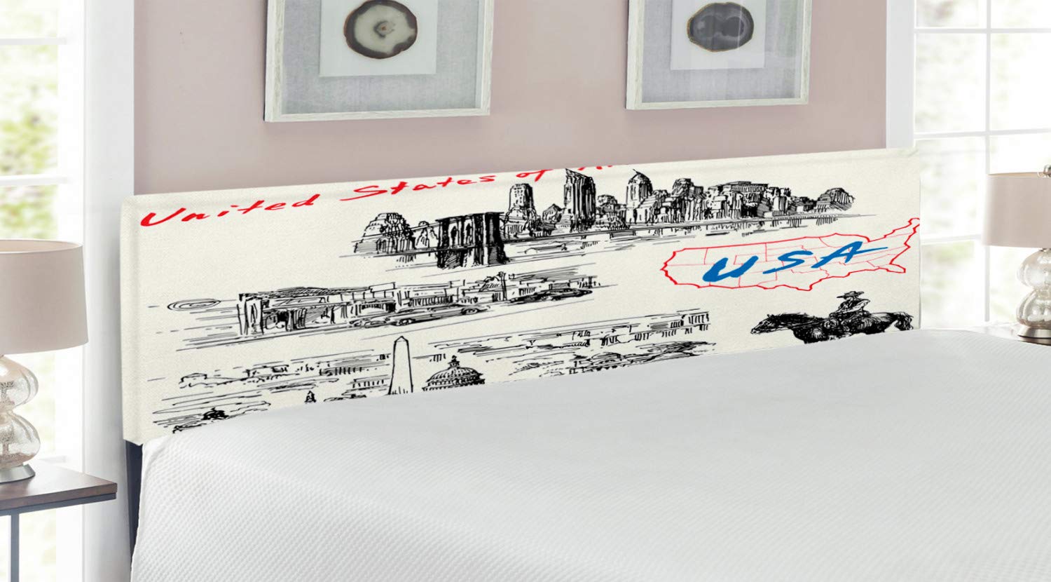 Ambesonne King Size Upholstered Metal Headboard - Hand Drawn USA Map Design with Nostalgic Landscapes, Skyscrapers & Cowboy Scene | Memory Foam Padding | Black & White Bed Headboard for American Decor | Perfect for Bedroom, Guest Room & Western Theme Decor