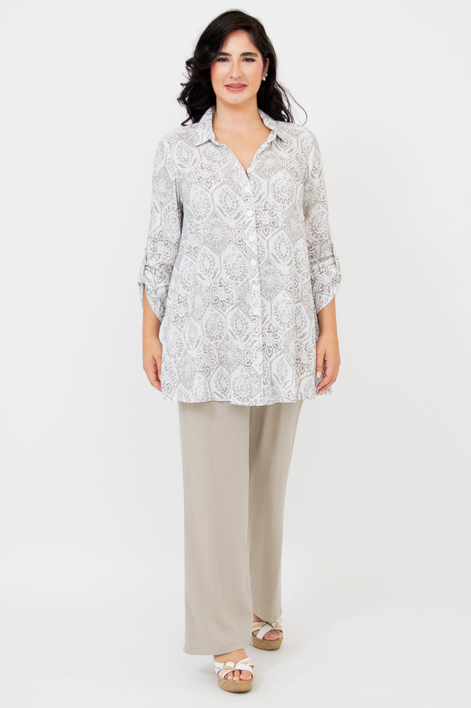 Celine Women's Mosaic Print Linen Bamboo Blouse - Elegant & Comfortable Top for Casual Wear, Office & Summer Outfits