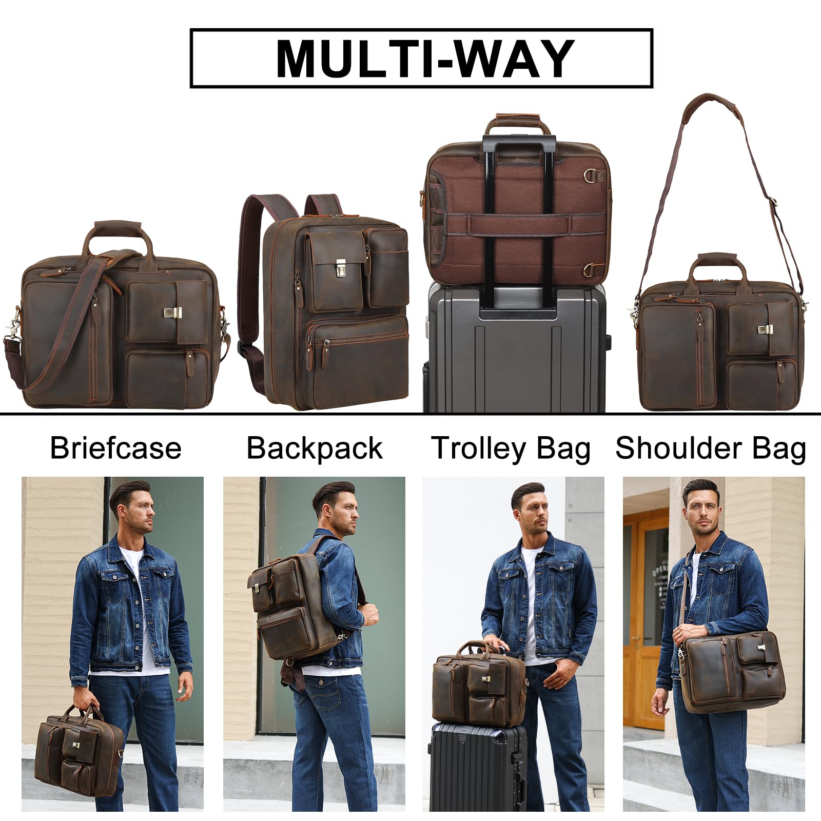 TIDING Men's Leather Convertible Backpack - 15.6 Inch Laptop Briefcase & Messenger Bag for Work, Business Travel & Daily Commute - Durable Rucksack for Professionals & Students
