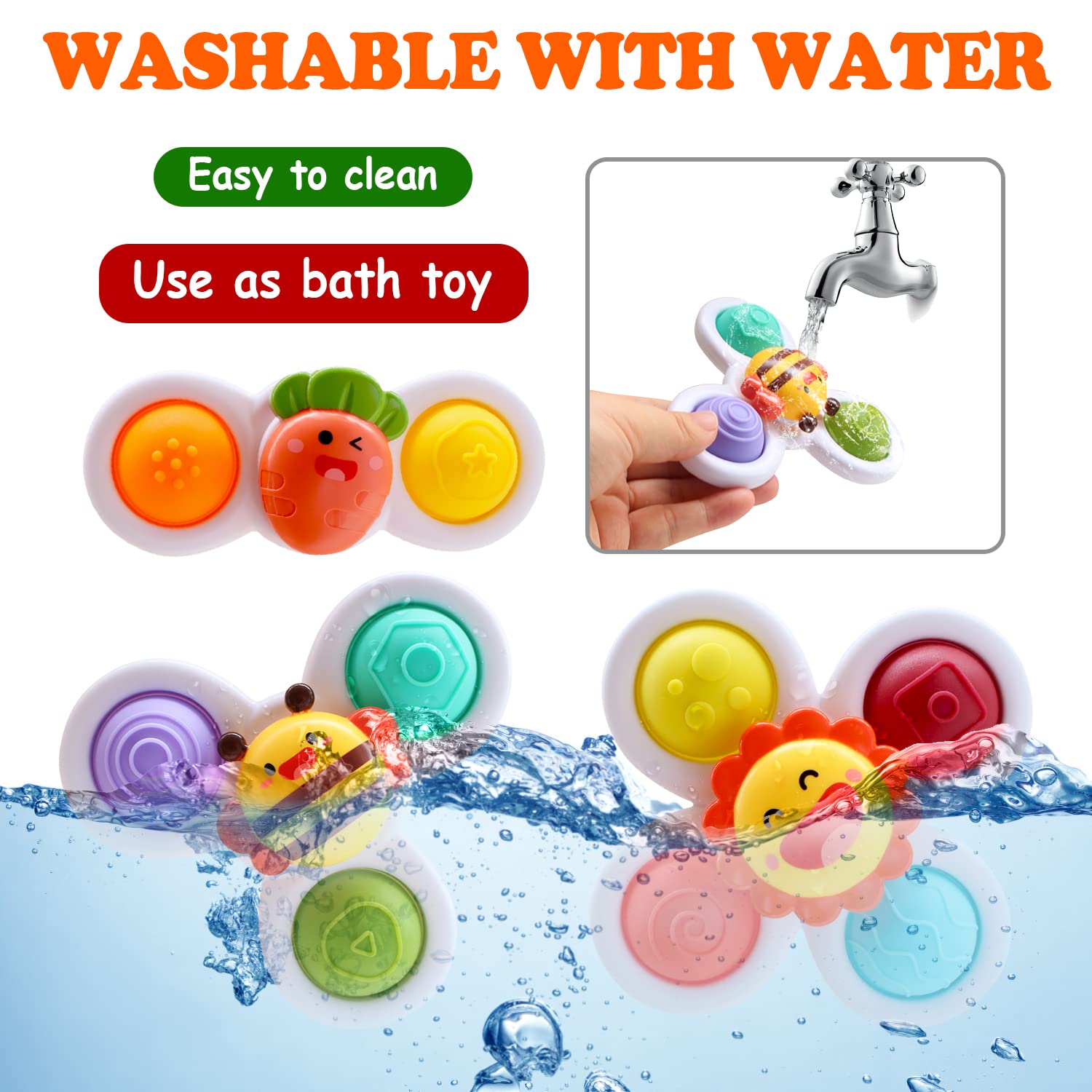 Baby Suction Cup Spinner Toy - 3pc Fidget Sensory Toy for Toddlers 1-3, Bath & Birthday Gift for Boys Girls
