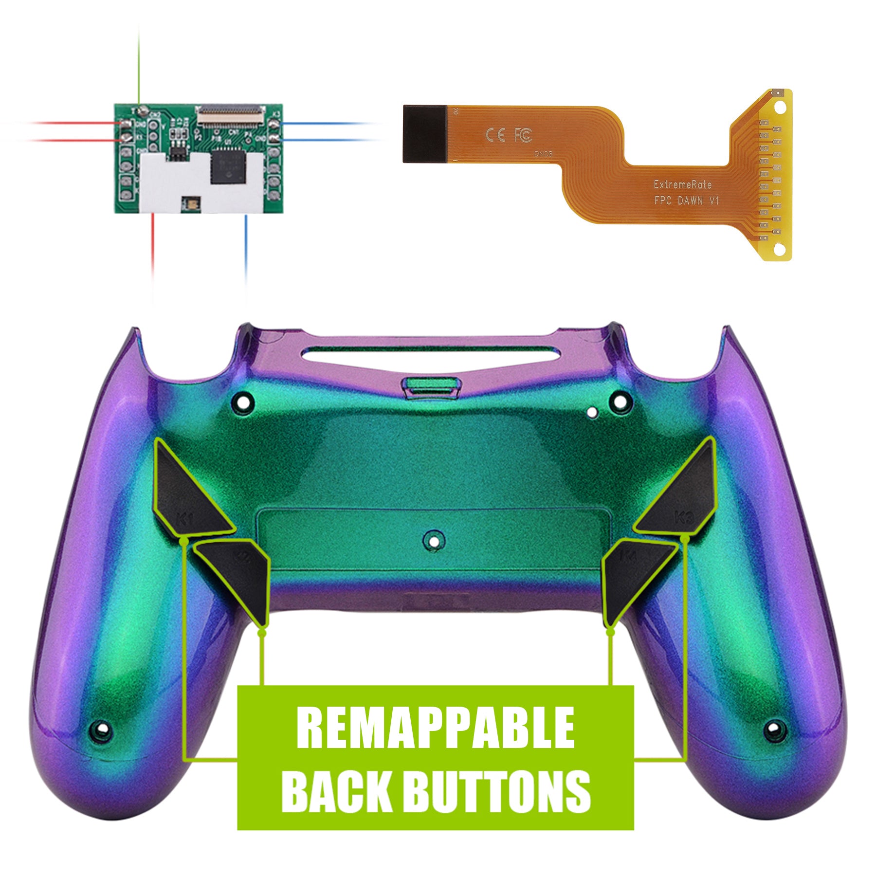 eXtremeRate Dawn Remappable Back Button Kit with Redesigned Shell & 4 Programmable Buttons for PS4 Controller (JDM-040/050/055) - Chameleon Green Purple | Gaming Accessories for Competitive Play & Customization