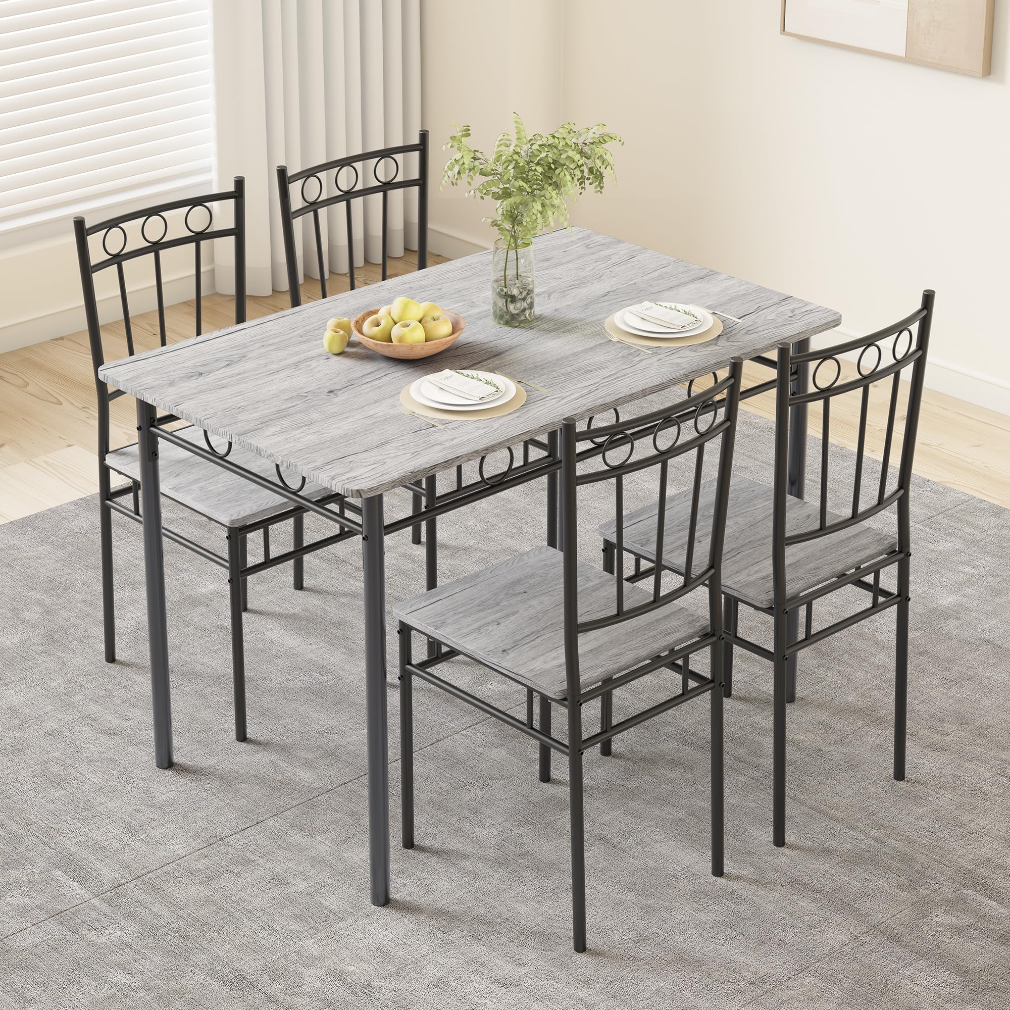 5-Piece Retro Grey Dining Table Set for 4 - Space-Saving Rectangular Kitchen Table with 4 Chairs - Perfect for Small Spaces, Apartments & Dinettes | Ideal for Family Meals, Dinner Parties & Cozy Breakfasts