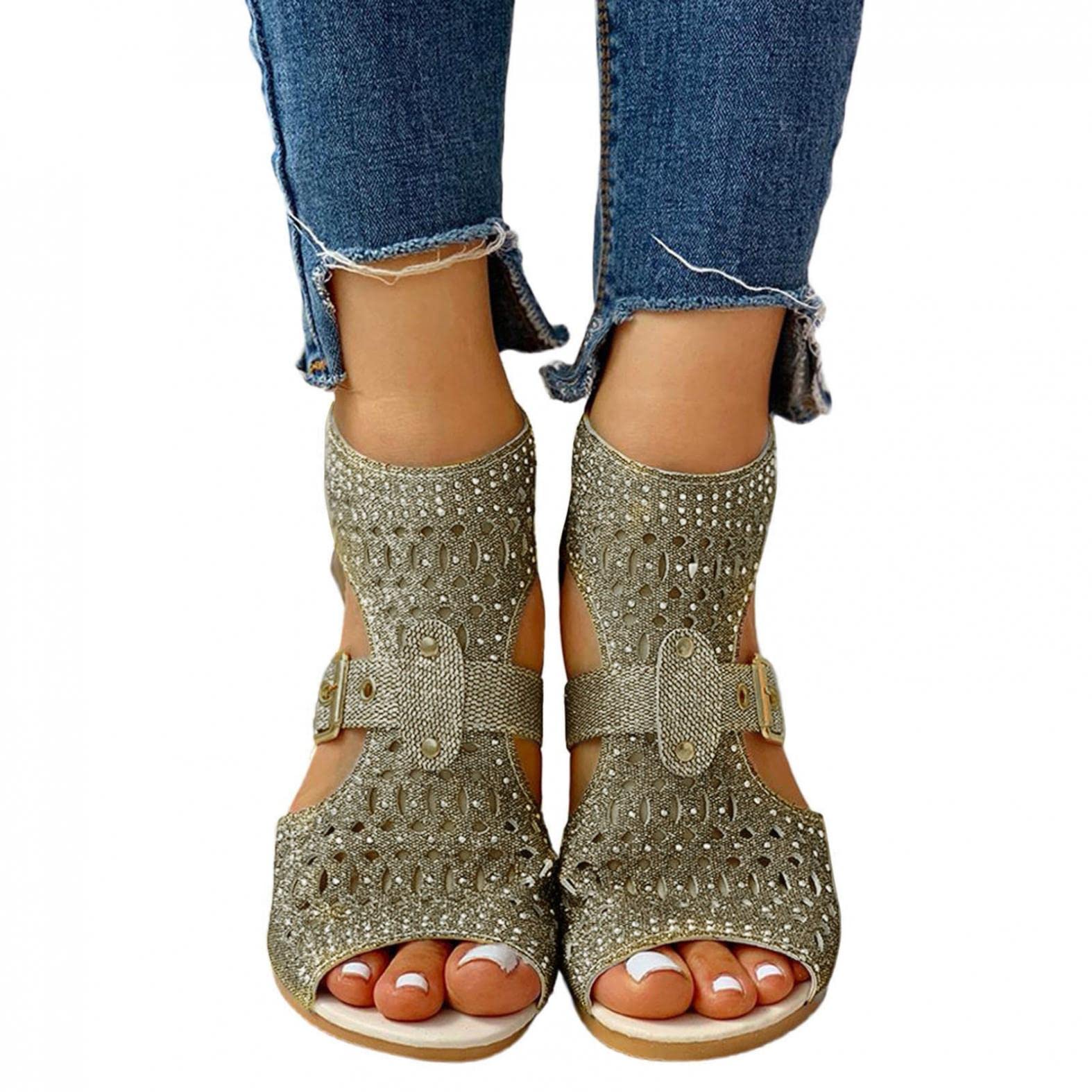 Stylish Women's Peep Toe Rhinestone Sandals - Low Heel Summer Dressy Casual Shoes for Travel & Outdoor Activities | Perfect for Beach, Vacation, and Everyday Wear
