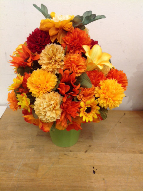 14 Mixed Fall Floral Arrangement in Green Vase - Perfect for Thanksgiving Centerpiece, Home Decor & Autumn Wedding Bouquet