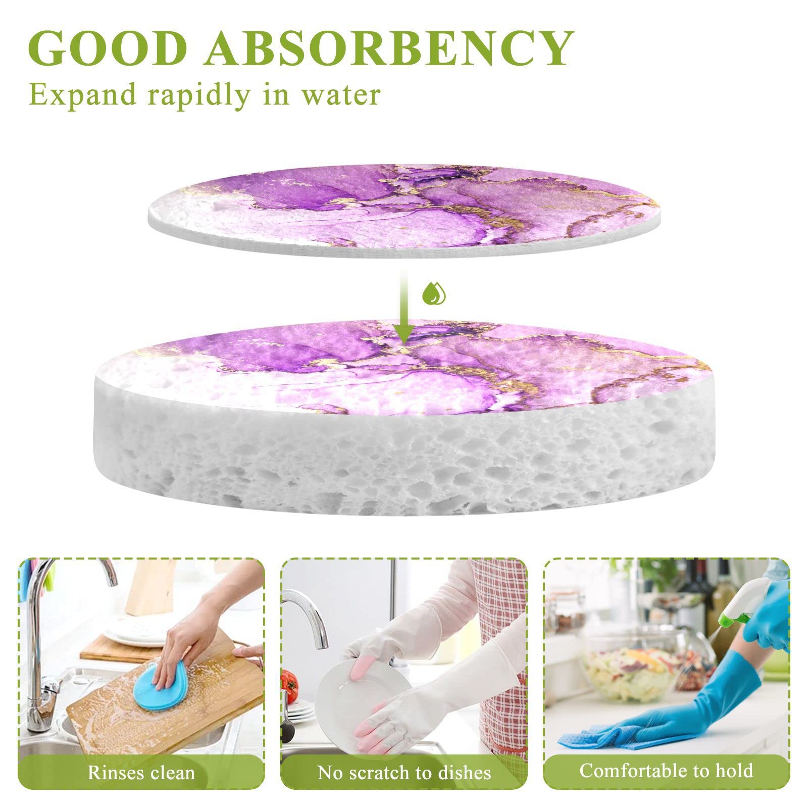Kcldeci 3 Pack Non-Scratch Dish Sponges - Purple & Shiny Golden Alcohol Ink Design, Durable Kitchen Scrub Sponges for Dishwashing, Countertops, and Household Cleaning
