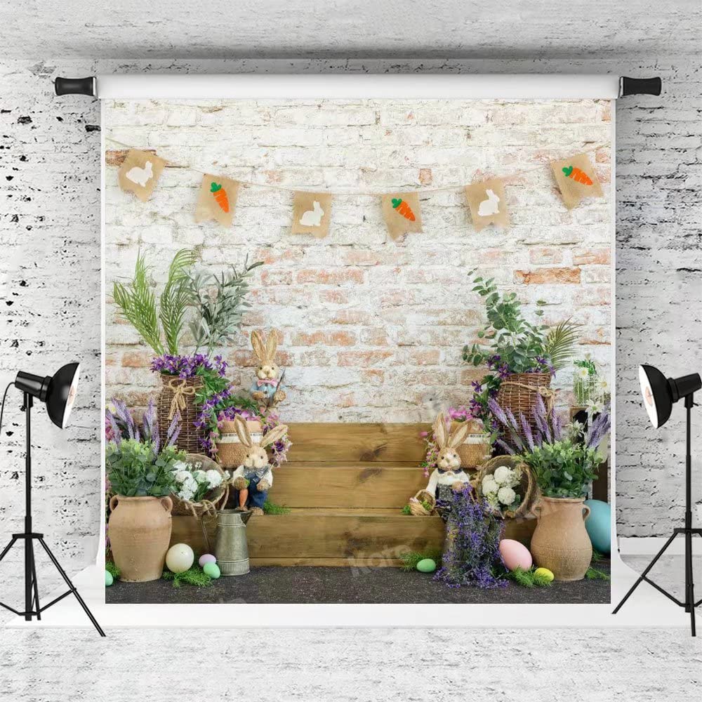 Easter Theme Photography Backdrop - 8x8ft Brick Wall with Colorful Eggs & Bunny Rabbits Design for Birthday Party, Newborn Portrait Photoshoot | Perfect for Easter Celebrations, Spring Photo Sessions & Holiday Decorations