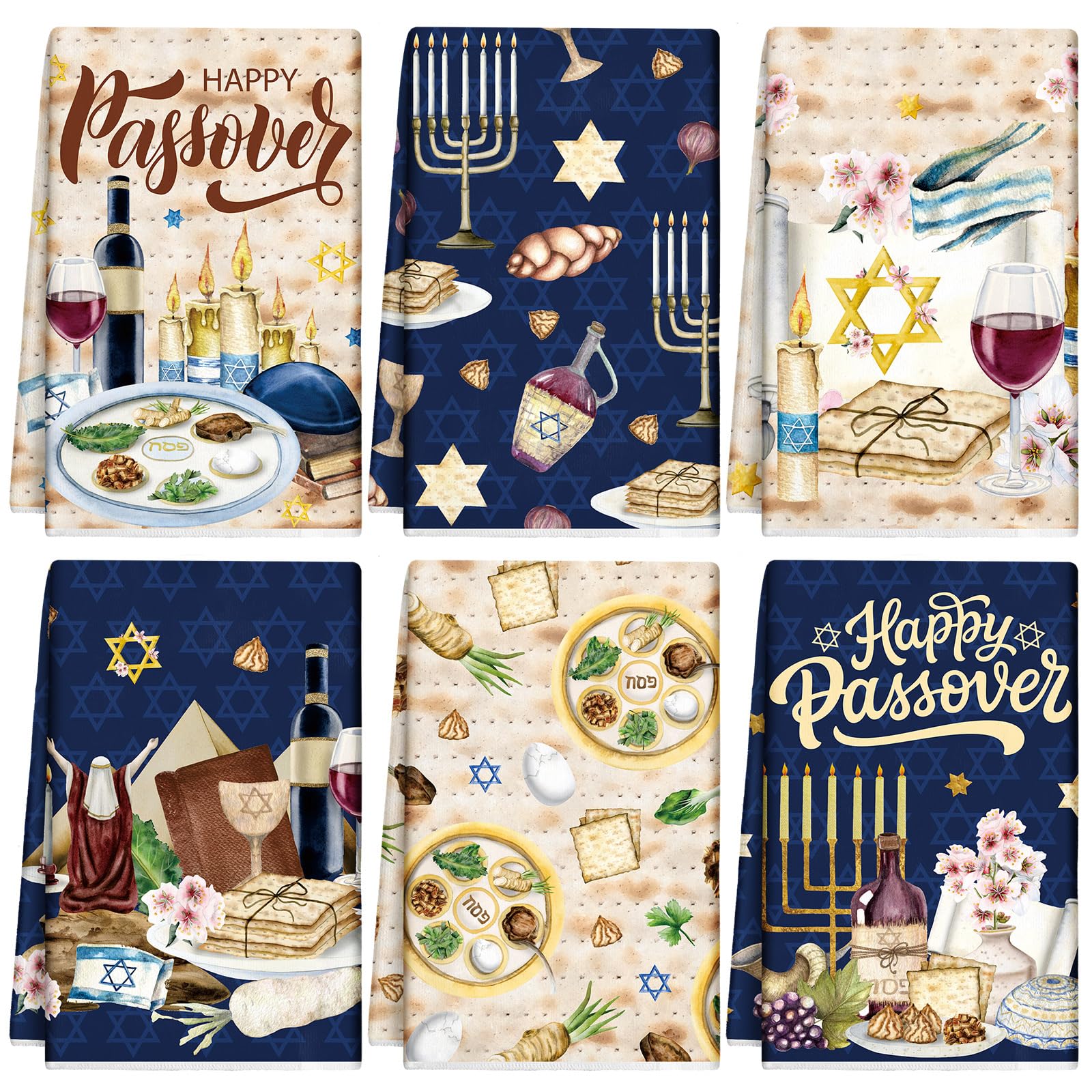 6-Pack Passover Kitchen Towels 14.2x21.3 Inch - Star of David Jewish Holiday Dish Towels for Seder Plate & Party Decor - Kosher Cotton Passover Gift for Jewish Holidays, Home & Festival Celebrations