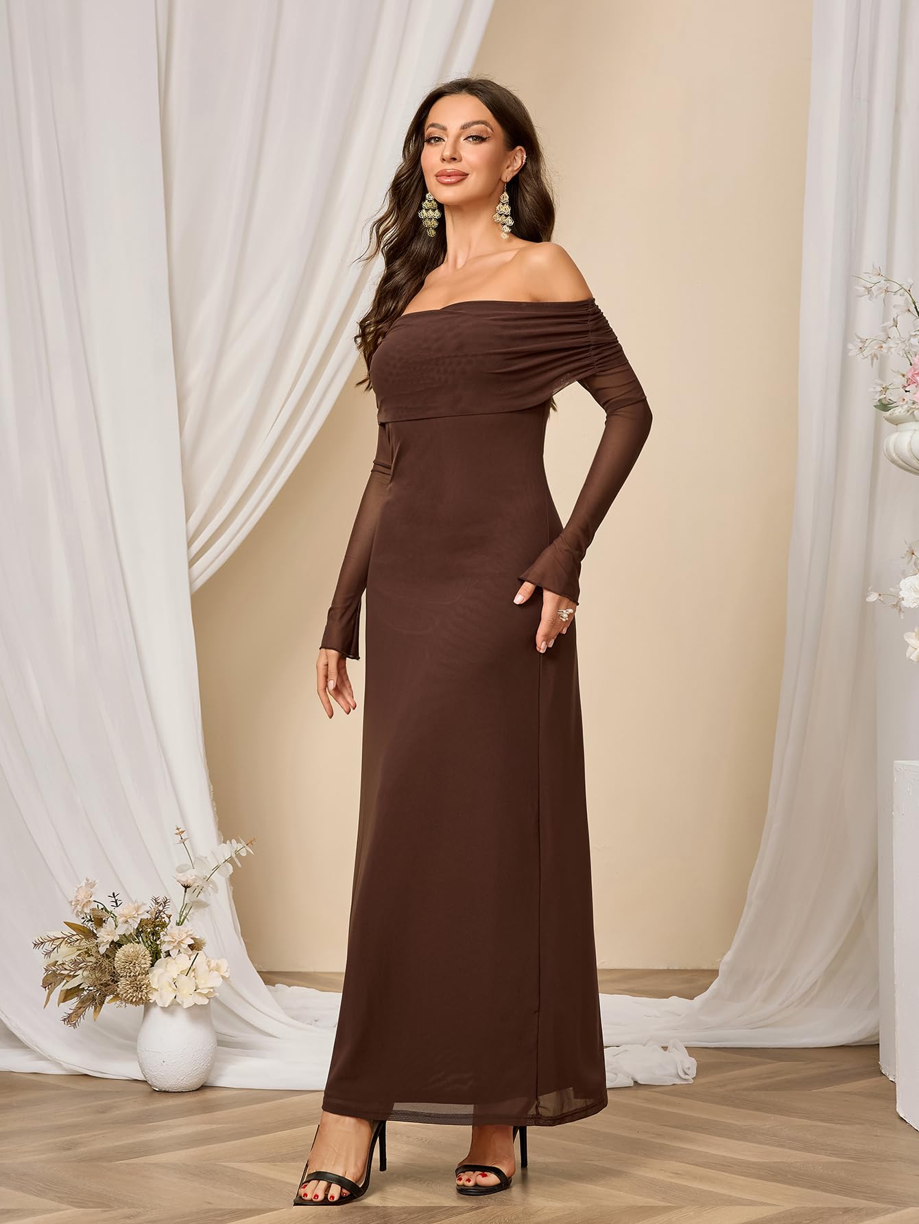 Colysmo Women's Long Sleeve Mesh Off Shoulder Bodycon Maxi Dress - Elegant Formal Wedding Guest & Evening Party Gown for Special Occasions, Date Nights & Cocktail Events