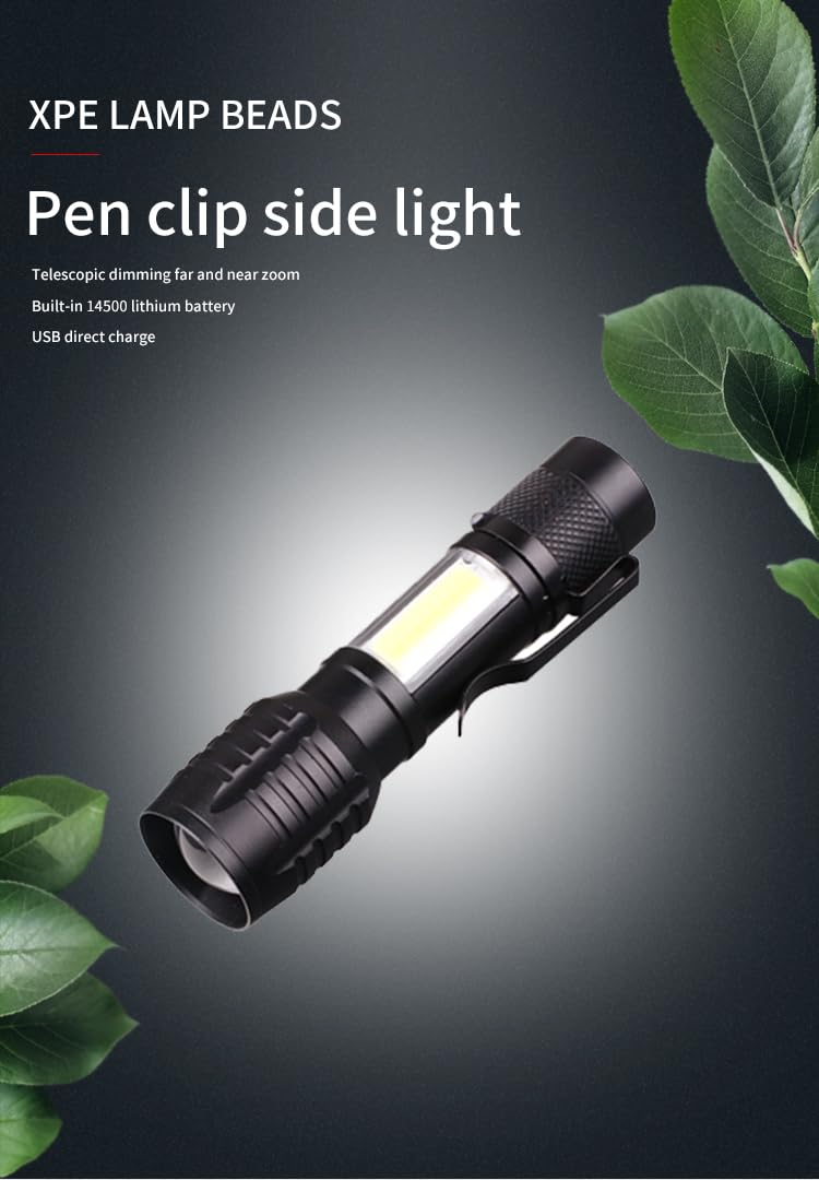 Rechargeable LED Pocket Flashlight with Clip - USB Charging, Compact & Bright Torch for Camping, Hiking, Emergency (Black)