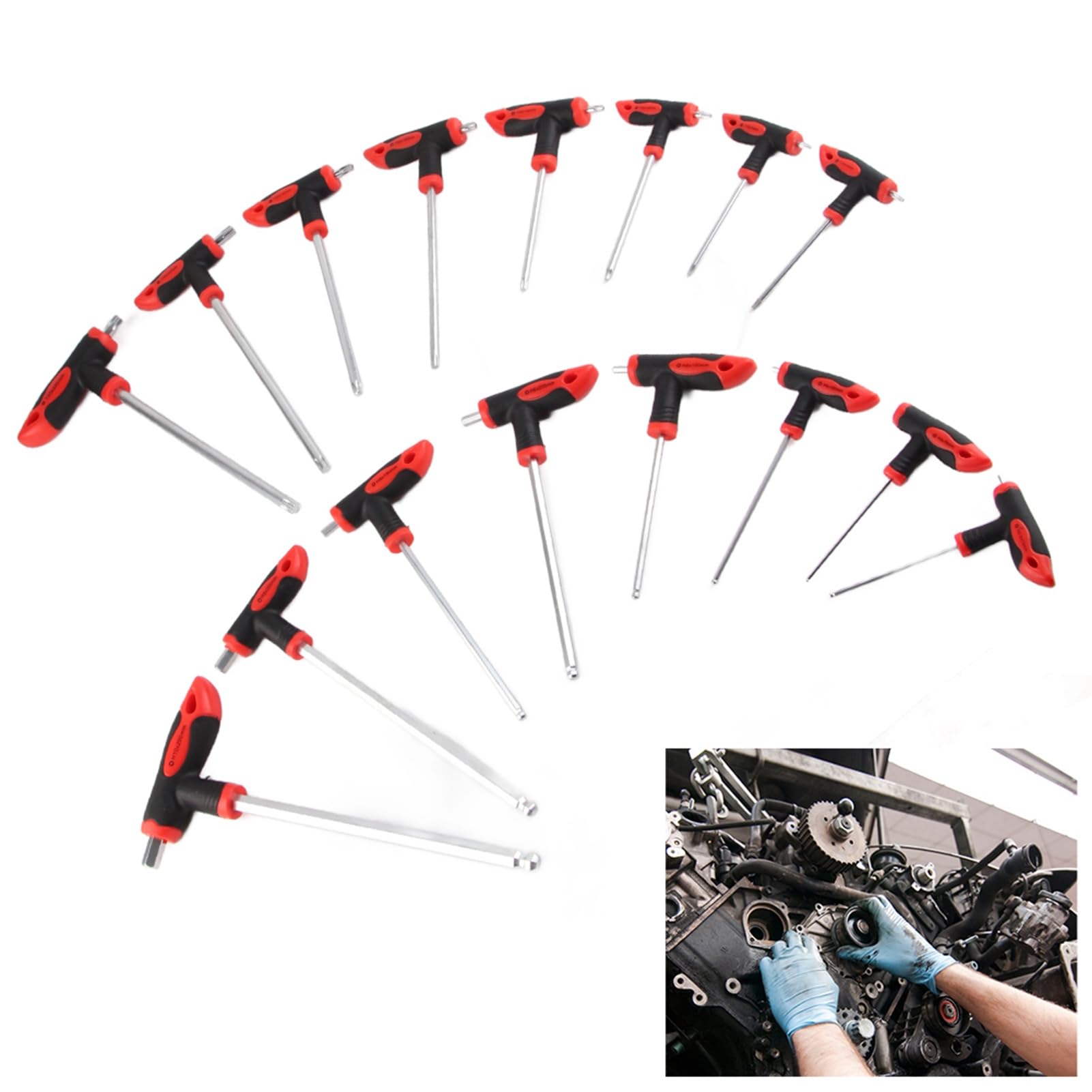 16-Piece T-Handle Hex Wrench Set with Ball End & Star Keys - Metric & SAE Sizes for Car Repair, Bike Maintenance & DIY Projects - Durable Hand Tools for Mechanics & Home Improvement