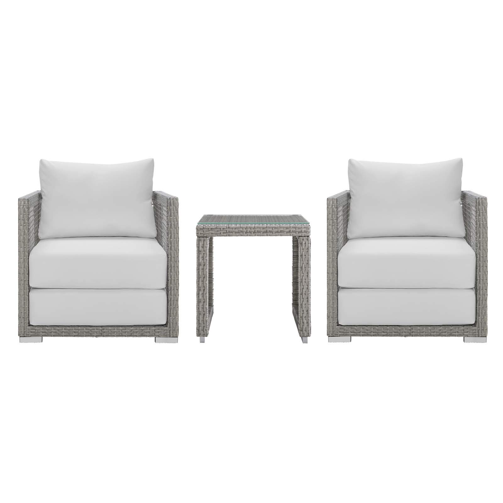 Modway Aura Outdoor Patio Set - Gray White Wicker Rattan Side Table & 2 Armchairs for Garden, Poolside & Backyard Relaxation