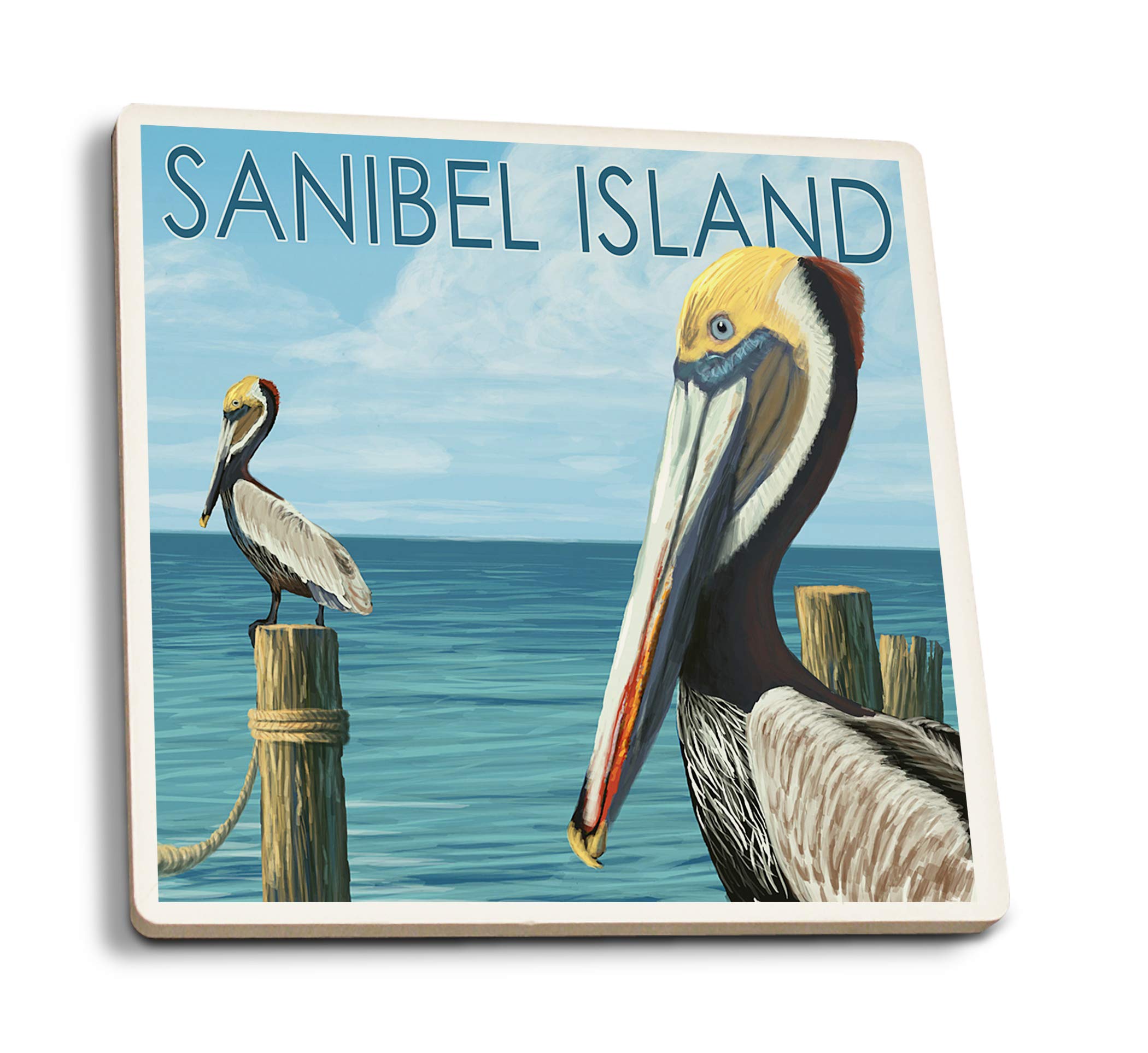 Sanibel Island Florida Pelican Absorbent Ceramic Coasters Set of 4 - Cork Backed Drink Coasters for Kitchen, Dining Table, Bar & Home Decor - Perfect for Protecting Surfaces from Condensation
